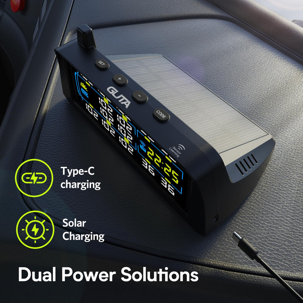 GUTA solar panel powering the RV TPMS with USB-C backup
