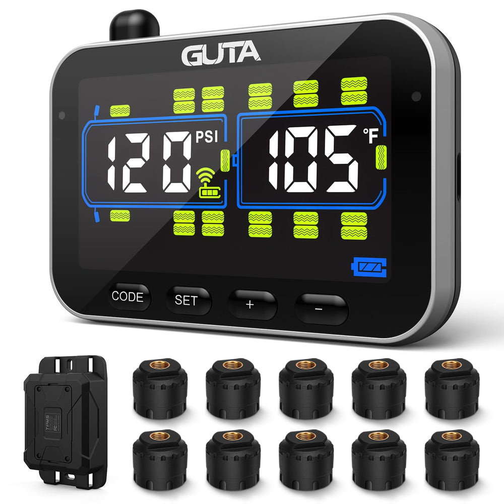 GUTA Trailer TPMS display showing 10 sensors for real-time tire monitoring.