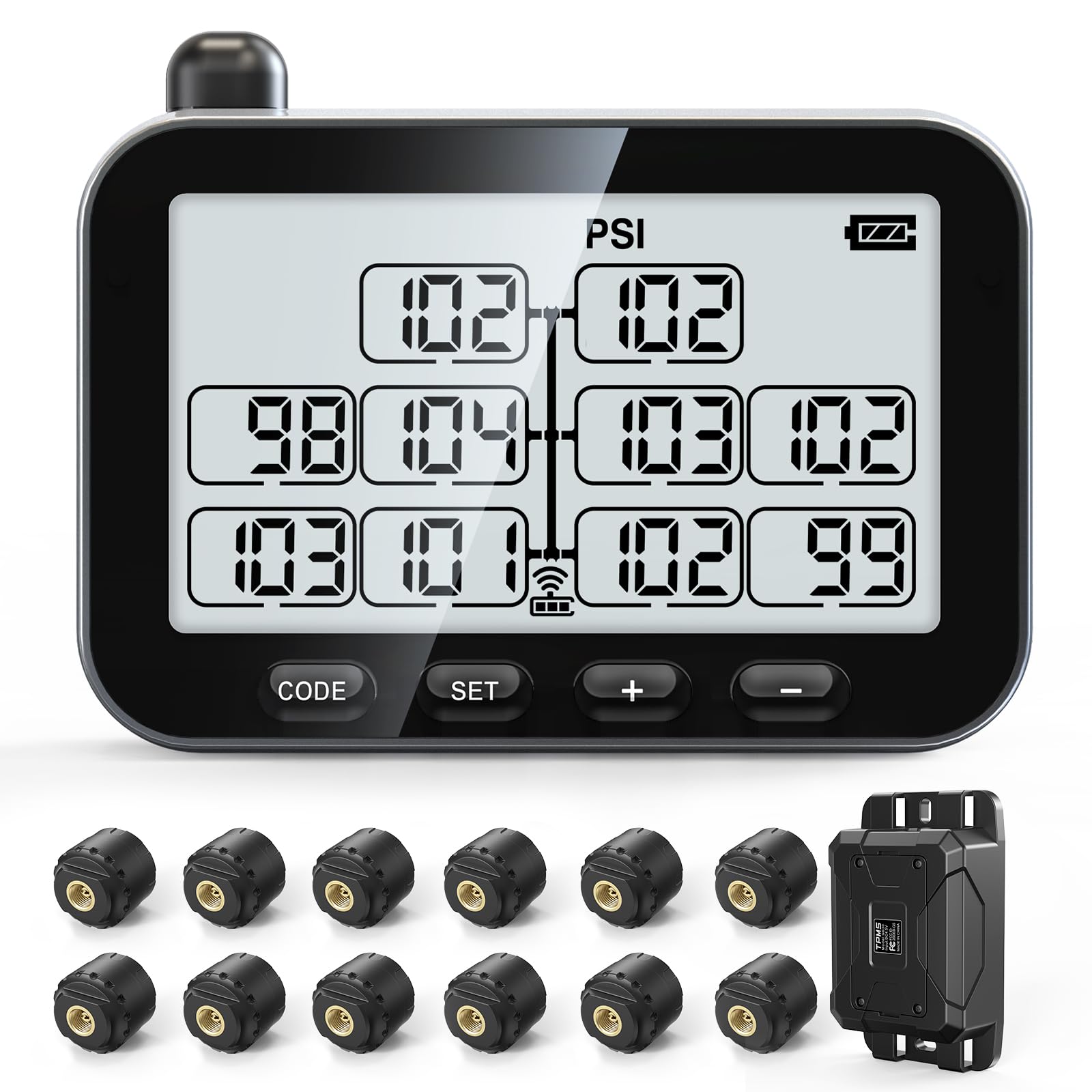 GUTA trailer TPMS front display shows up to ten tires at a glance.