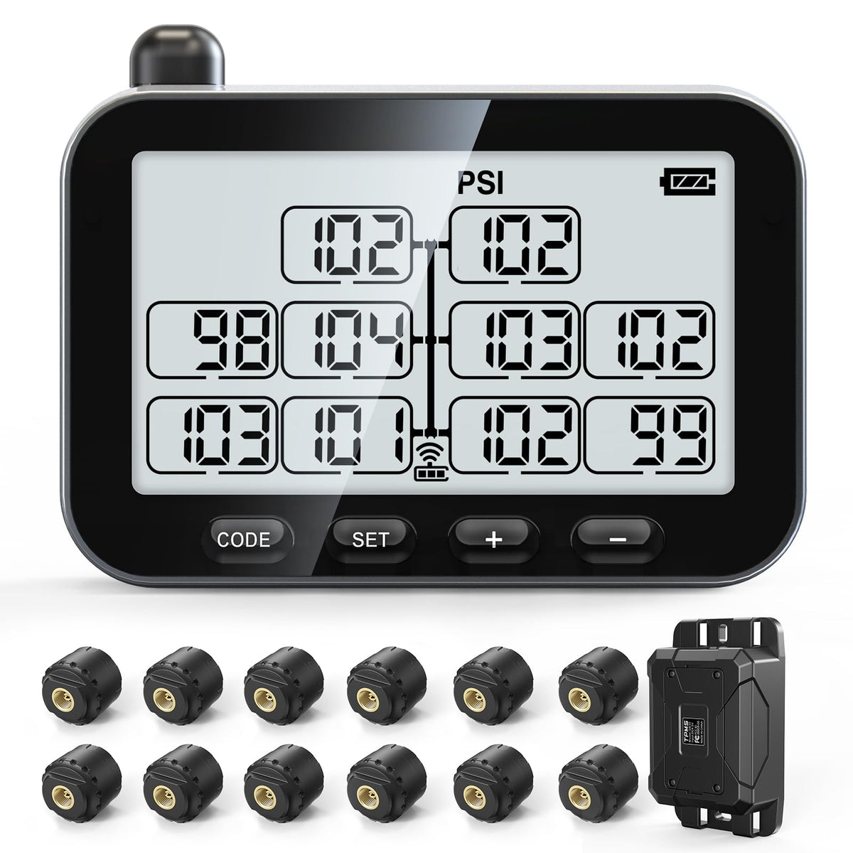 GUTA trailer TPMS front display shows up to ten tires at a glance.