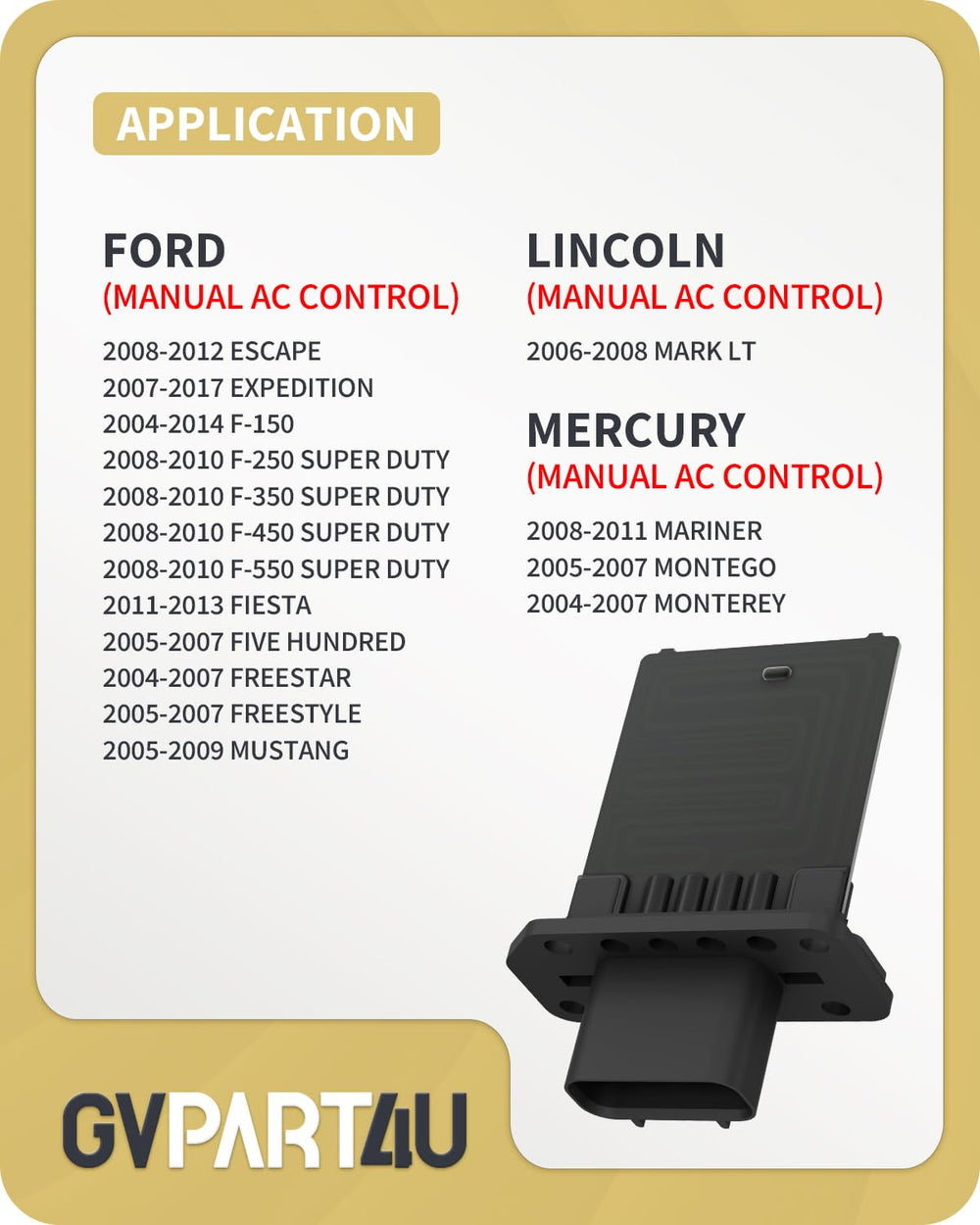 GVPART4U blower resistor 973-444 for Ford Expedition enables consistent manual AC control