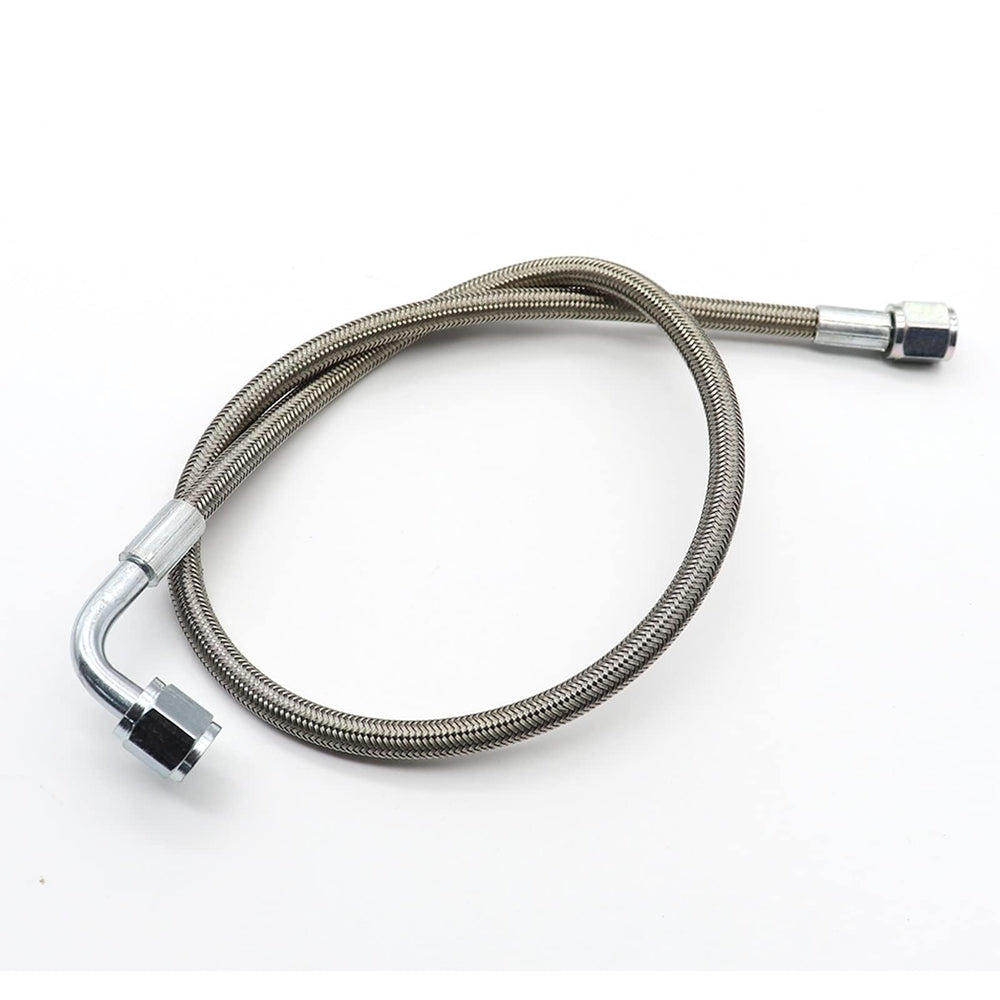 GXARTS 24-inch billet steel braided oil feed line for durable turbo installations.