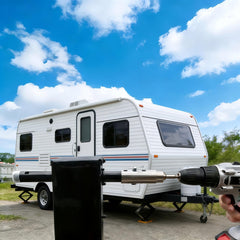 GXZZ trailer jack drill adapter installed on a trailer for easy lifting