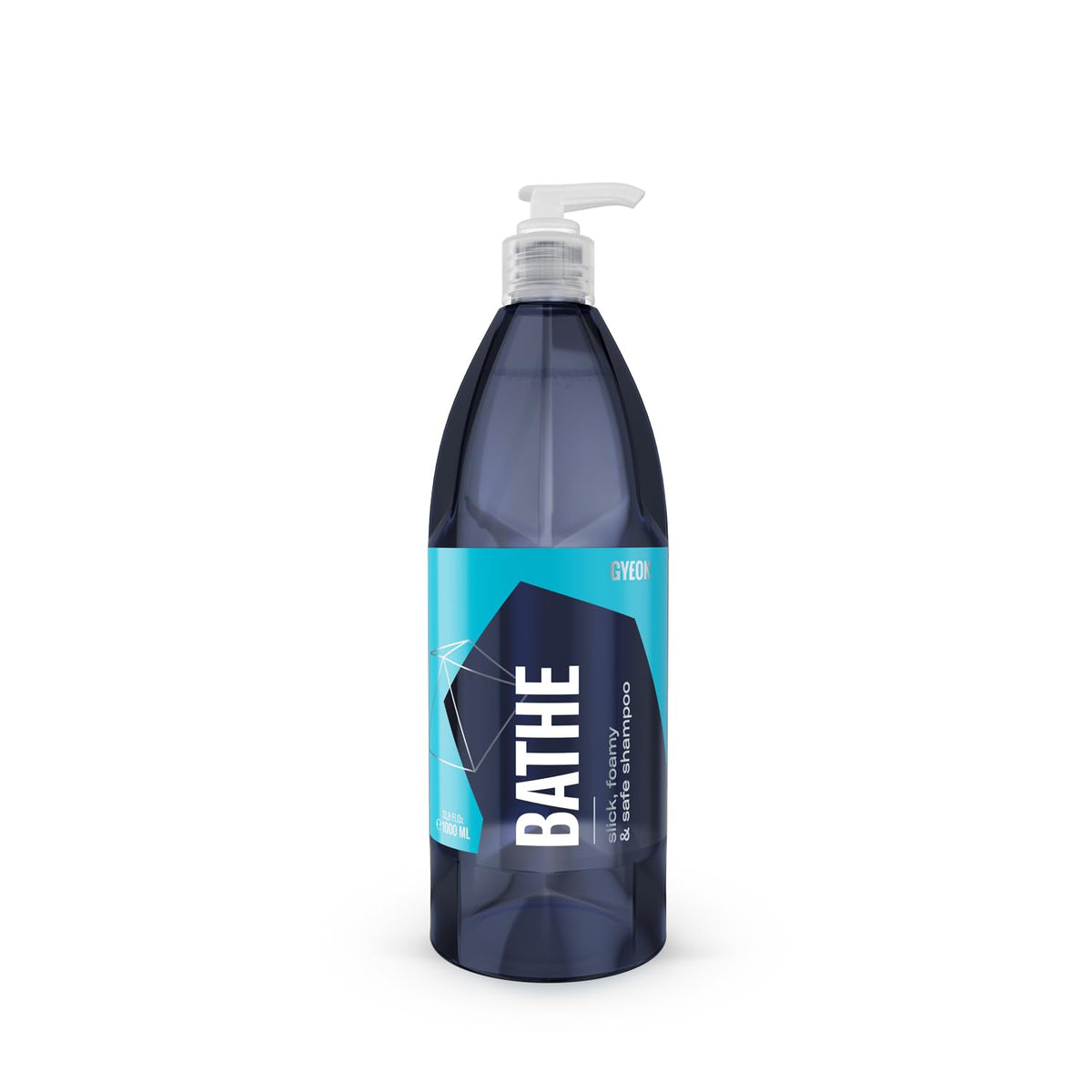 Gyeon Bathe foam shampoo bottle demonstrates high-lubrication washing for safe paint cleaning.