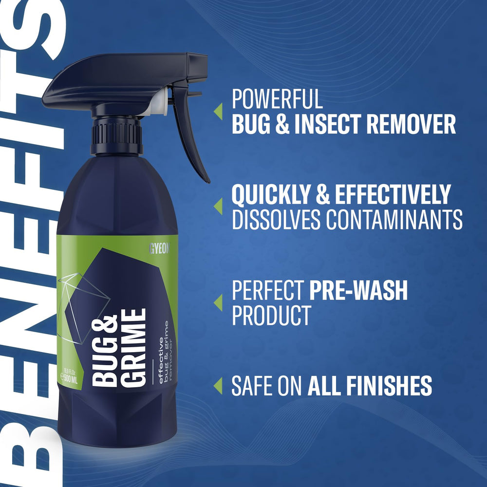 Gyeon Bug and Grime Remover cleans dirt on glass for clear visibility after detail spray.