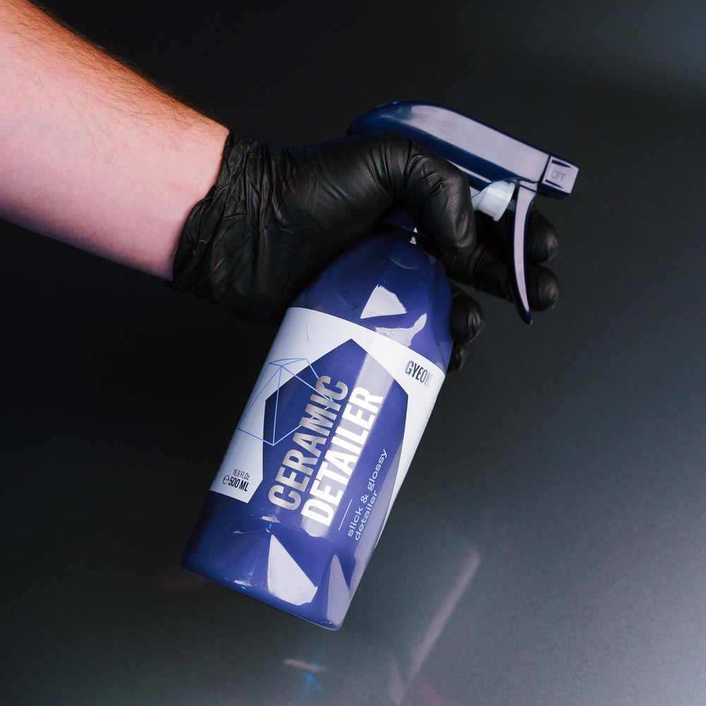 Gyeon Ceramic Detailer used on glass windows for clear, streak-free results.