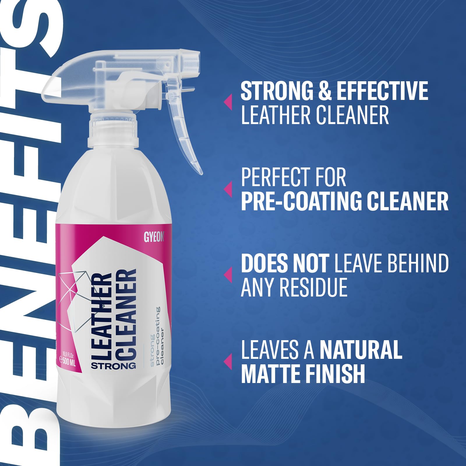 Gyeon LeatherCleaner label closeup highlights safe, residue-free prep for coatings.