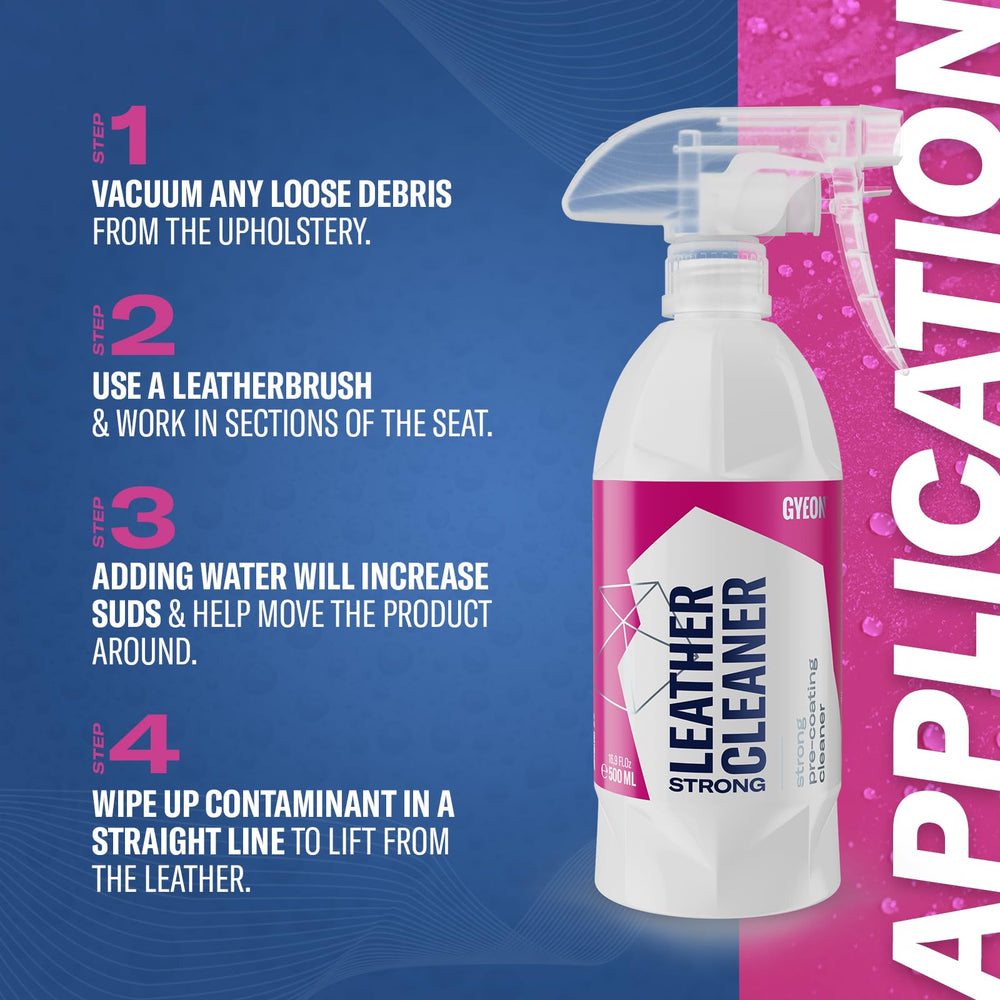 Gyeon LeatherCleaner microfiber usage illustrates quick spread and grime lifting.