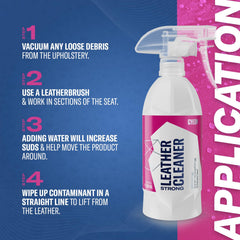 Gyeon LeatherCleaner microfiber usage illustrates quick spread and grime lifting.