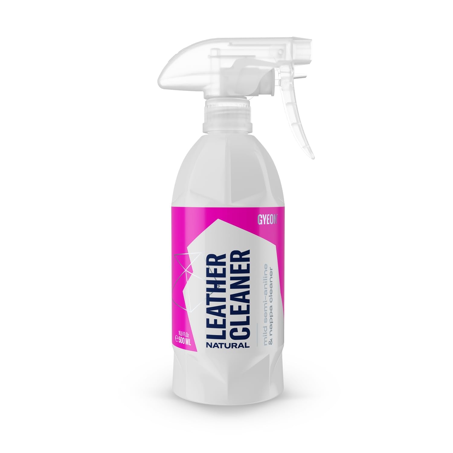 GYEON LeatherCleaner Natural bottle pour demonstrates easy, residue-free cleaning for luxury seats