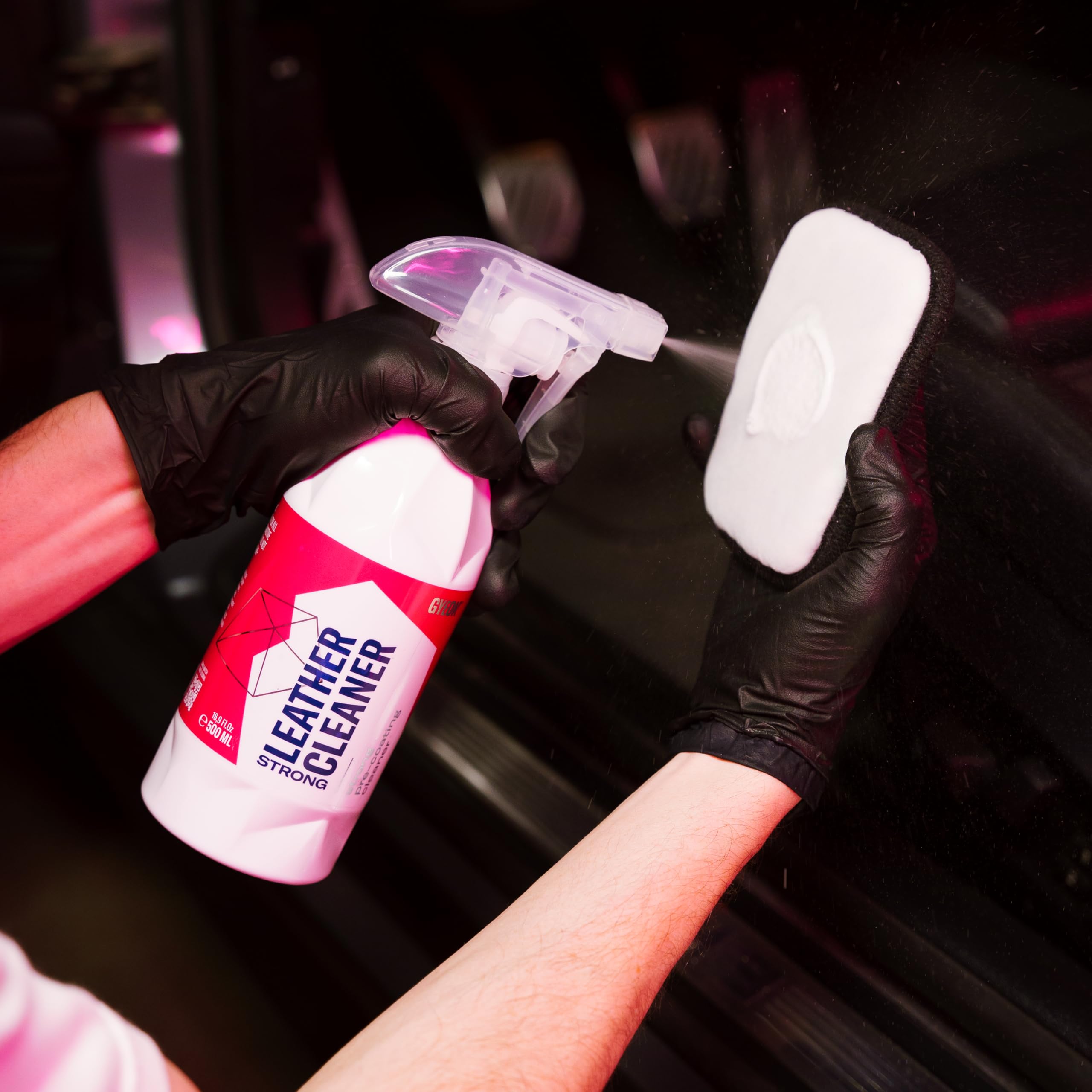 Gyeon LeatherCleaner spray nozzle enables easy application and consistent results.