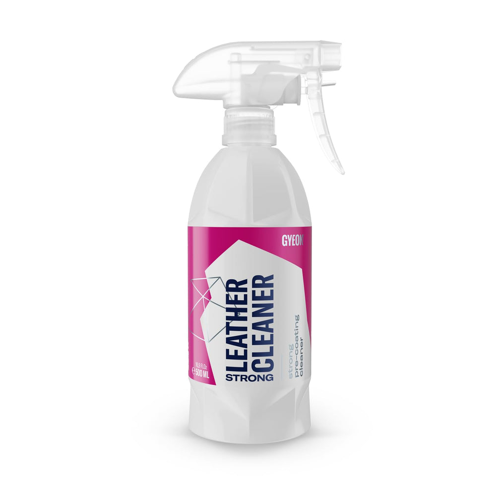 Gyeon LeatherCleaner strong bottle pour demonstrating deep cleaning action for automotive leather.