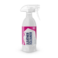 Gyeon LeatherCleaner strong bottle pour demonstrating deep cleaning action for automotive leather.