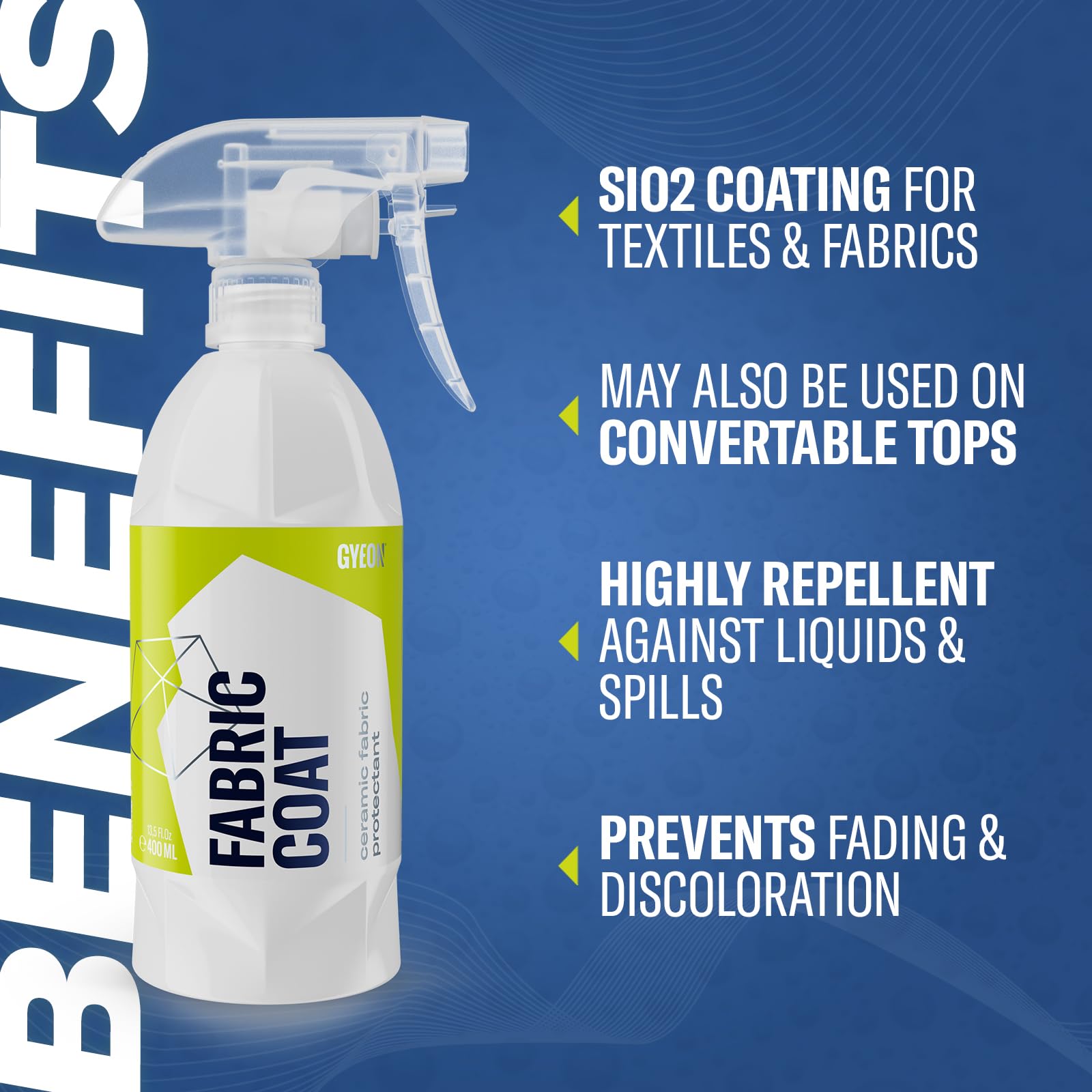 Gyeon Quartz Fabric Coat UV shield protects fabric colors from sun exposure.