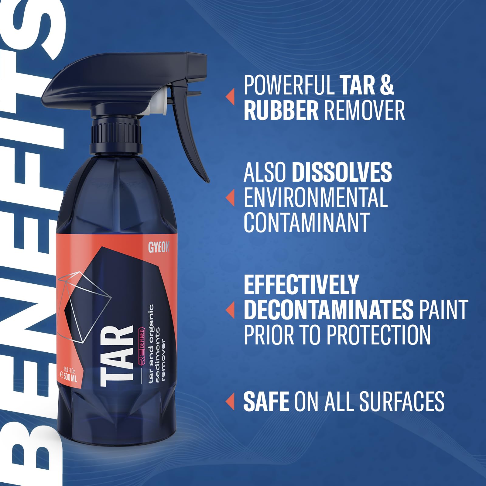 Gyeon Tar Remover removes adhesive residues from exterior trim.