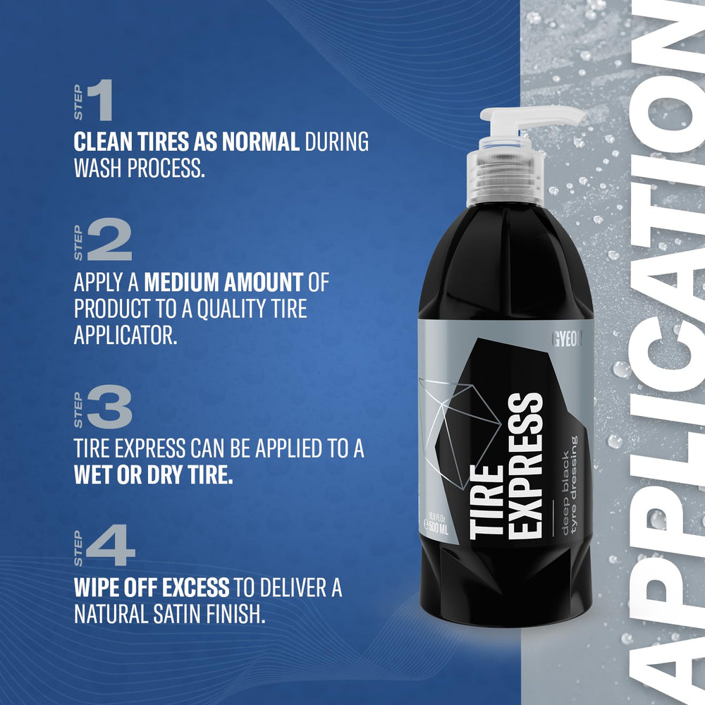 Gyeon Tire Express Satin Finish dirt-repel layer sheds grime for cleaner tires.