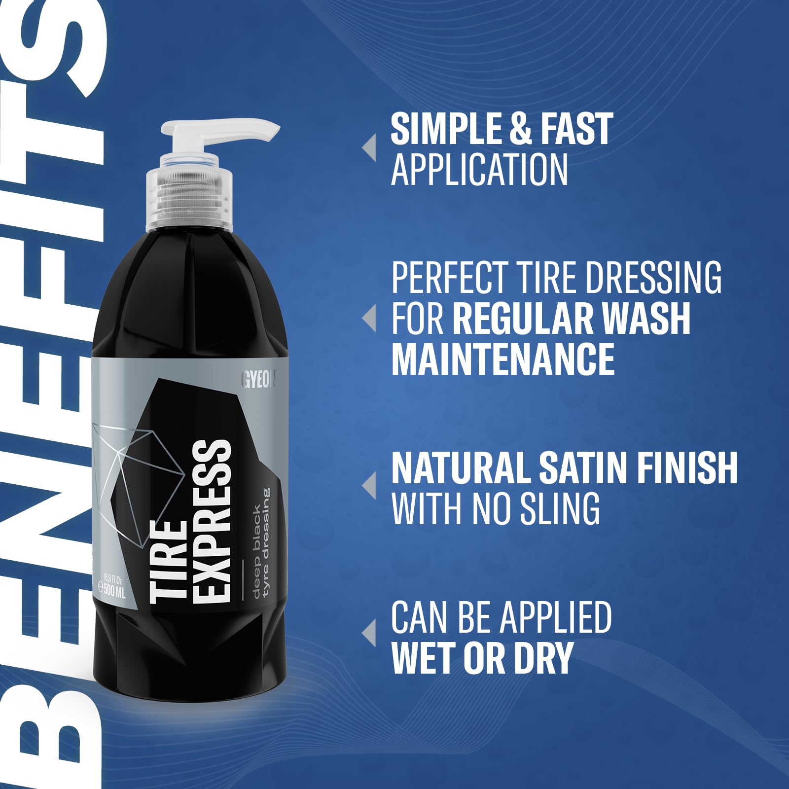 Gyeon Tire Express Satin Finish spray-on view for quick, uniform coverage.
