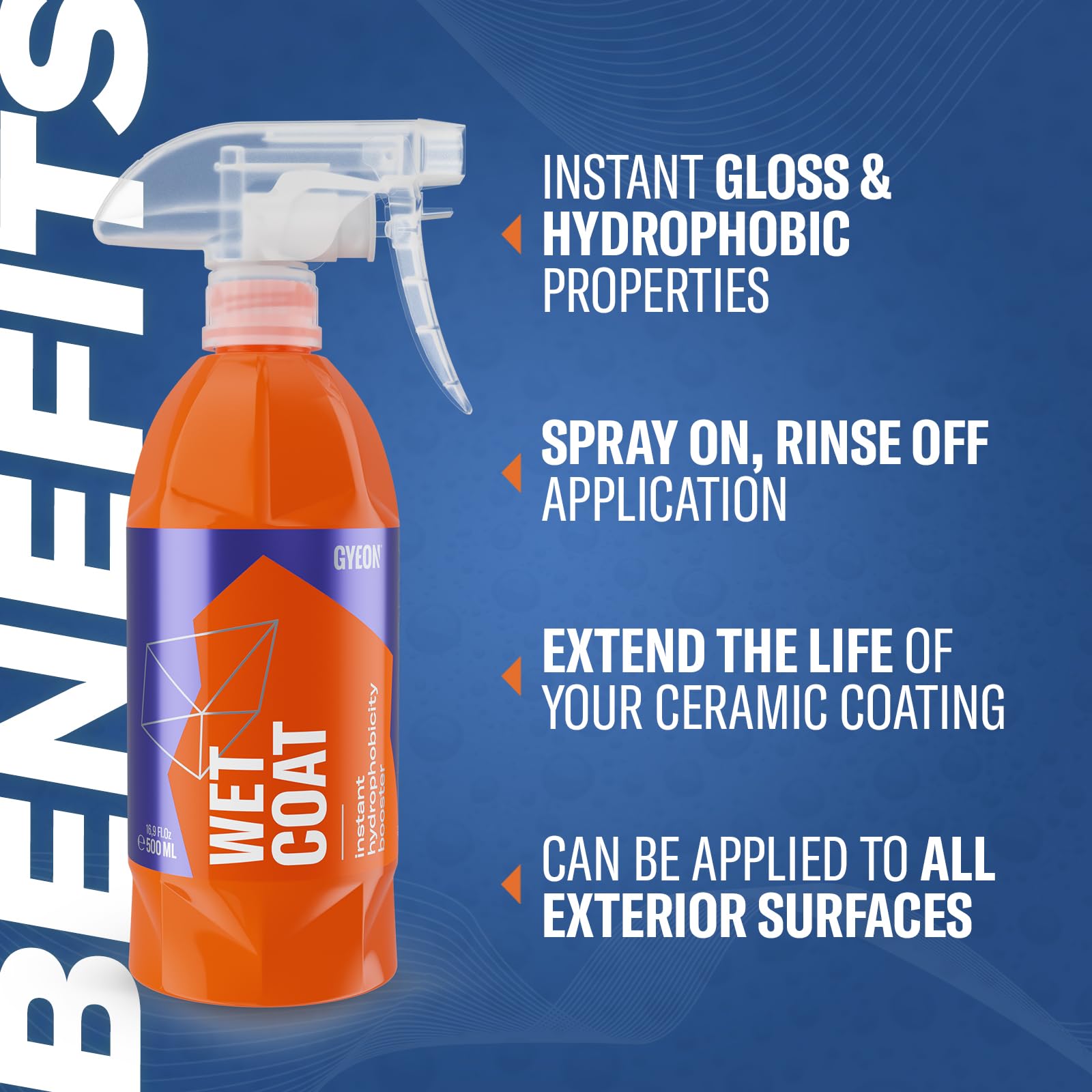 GYEON Wet Coat spray on application shows even coverage on paint and glass.