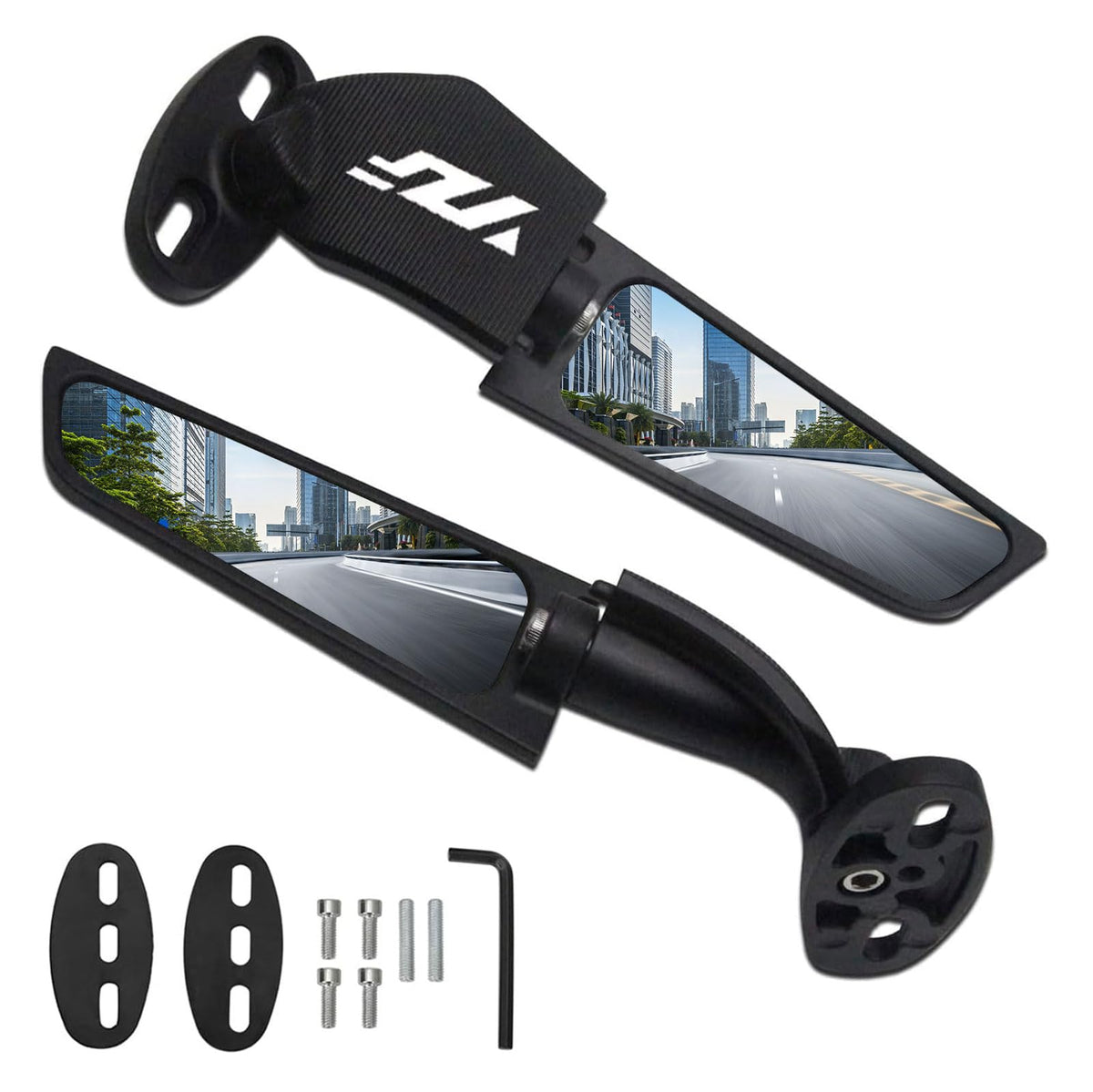 GYMARK wing rearview mirror on Yamaha; wider viewing angle for safer lane changes.
