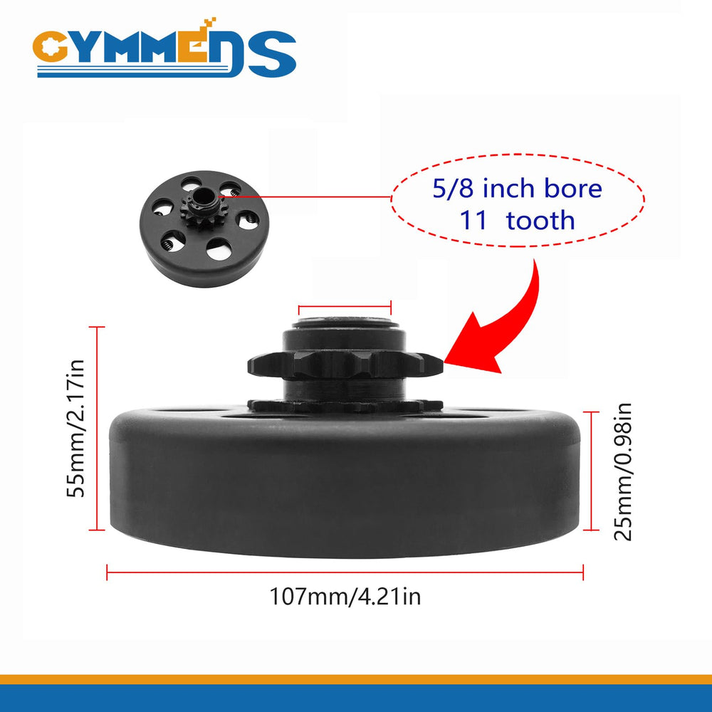 GYMMEDS 11-tooth clutch connected to 5/8 inch shaft supports reliable starts.