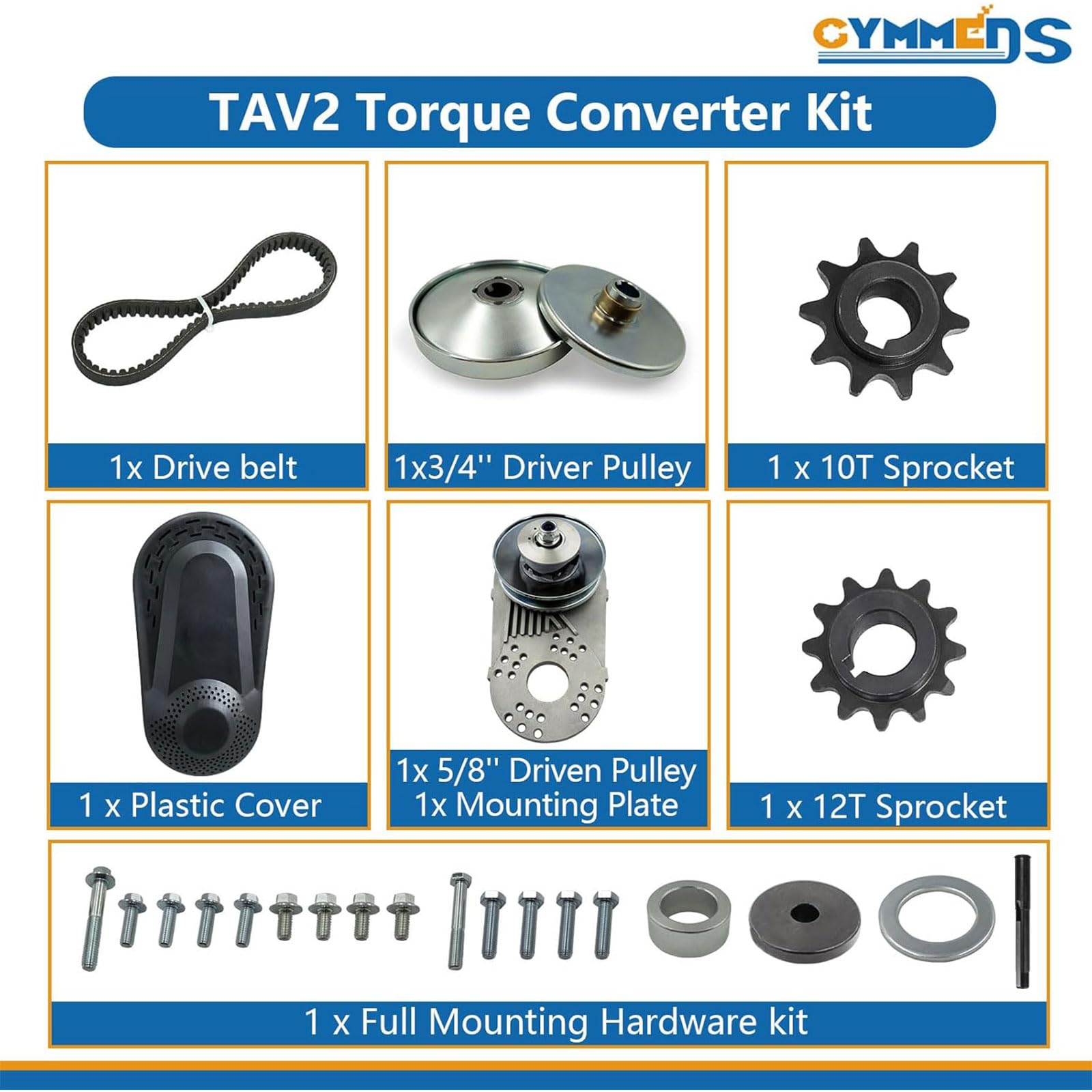 GYMMEDS torque converter with two sprockets for multiple chain sizes.