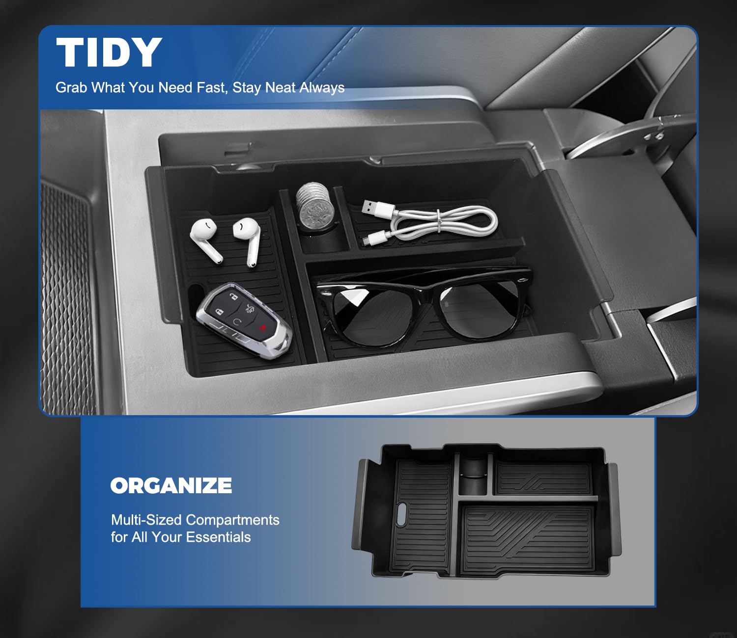 GZSH center-console-tray with deep compartments helps store more items neatly.
