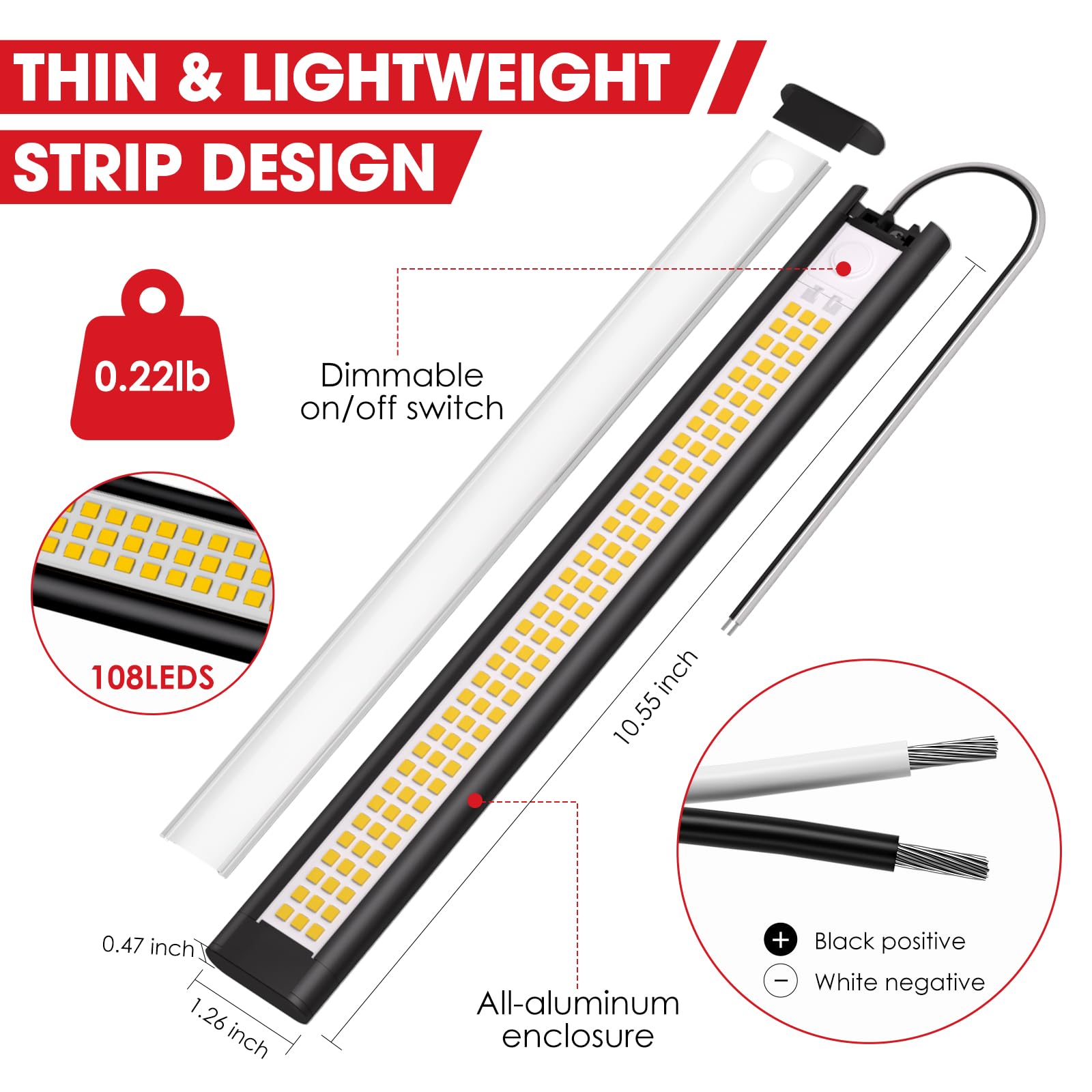 GZV 12V LED light bar close-up of 108 LEDs and low power draw