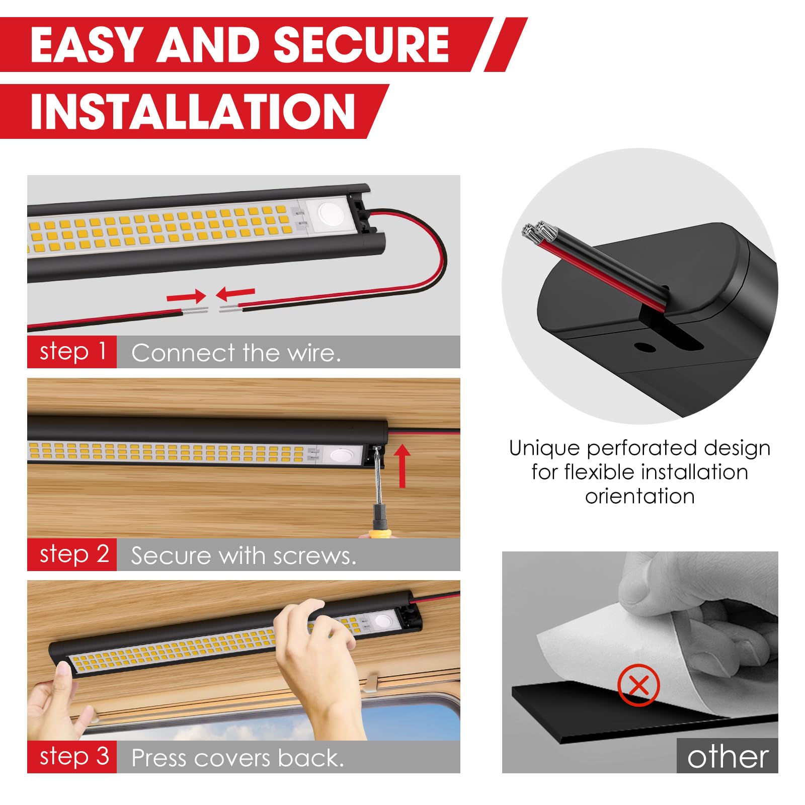 GZV 12V LED light strip features notched wire exit for versatile installation