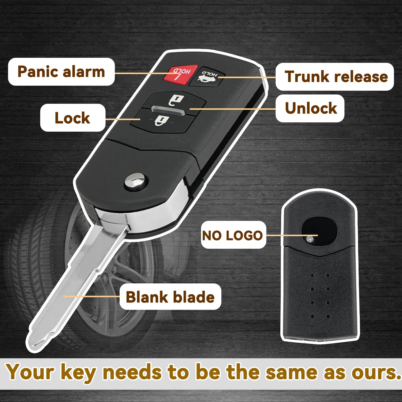 GZXNKEY CX-9/MX-5 Miata remote key fob back view displaying button layout.