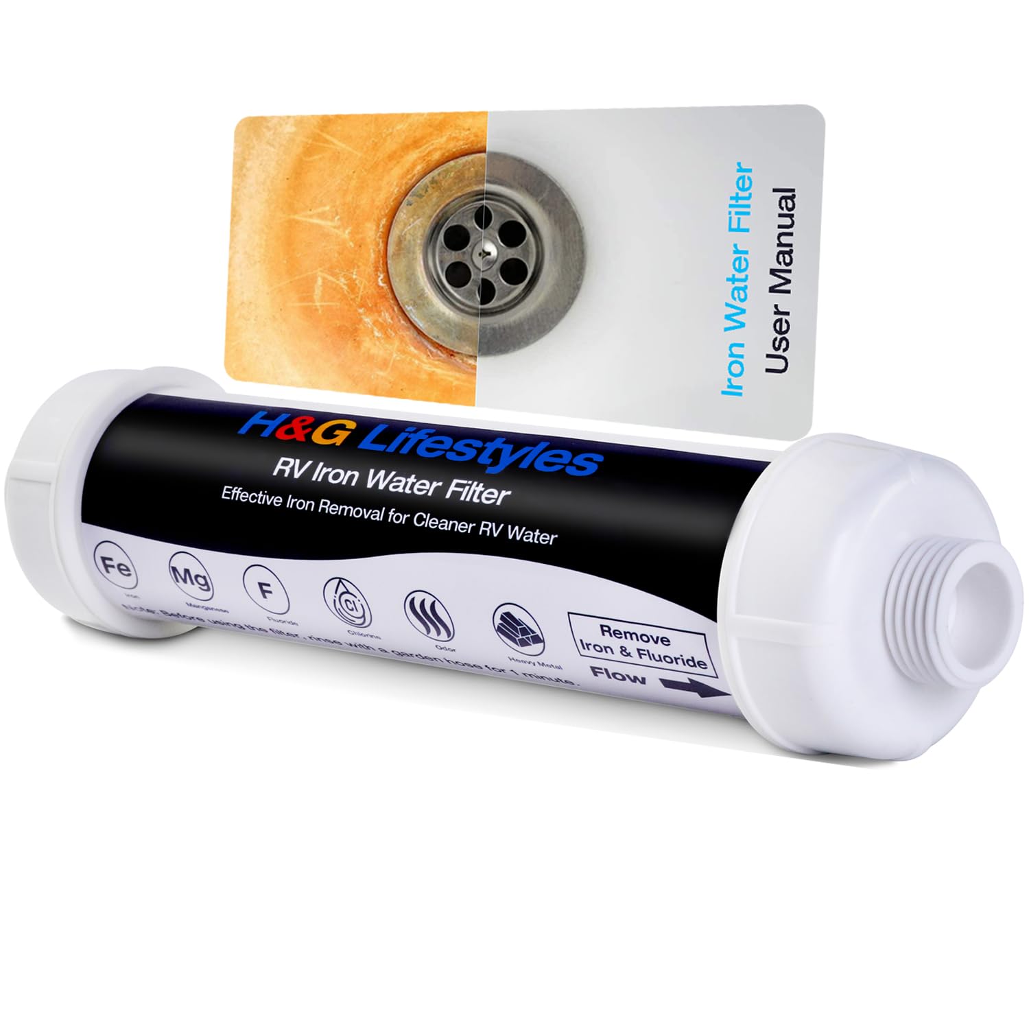 H&G Lifestyles RV iron water filter with brass fittings for cleaner campground water.