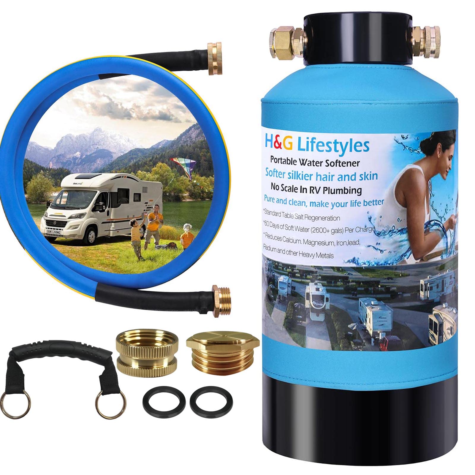 H&G Lifestyles RV water softener unit with 2600 gallons capacity for hard water treatment.