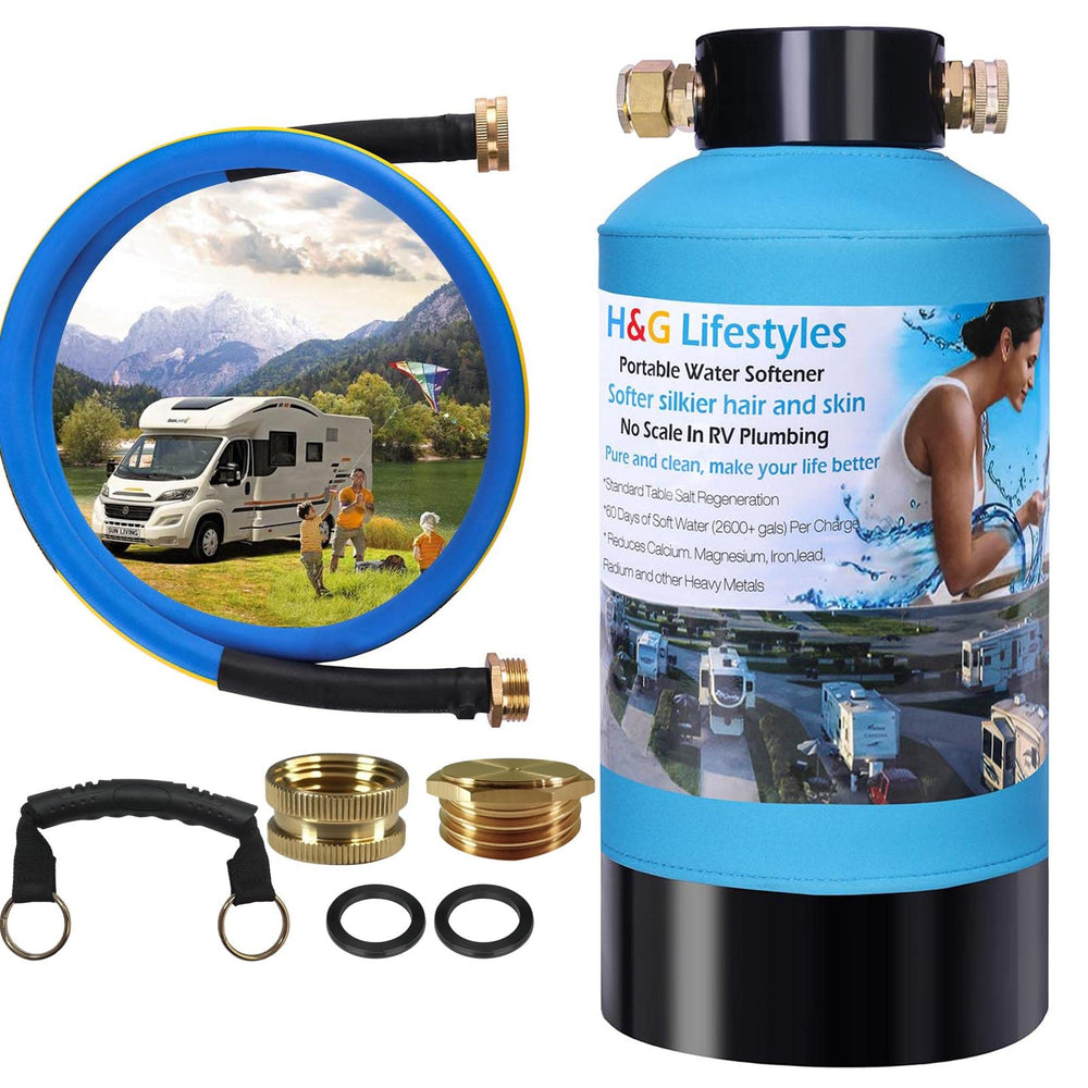 H&G Lifestyles RV water softener unit with 2600 gallons capacity for hard water treatment.