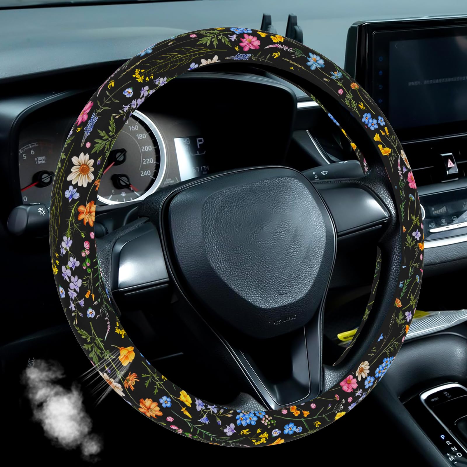 HABZTOUYI floral print cover enhances car interior ambiance while protecting the wheel.