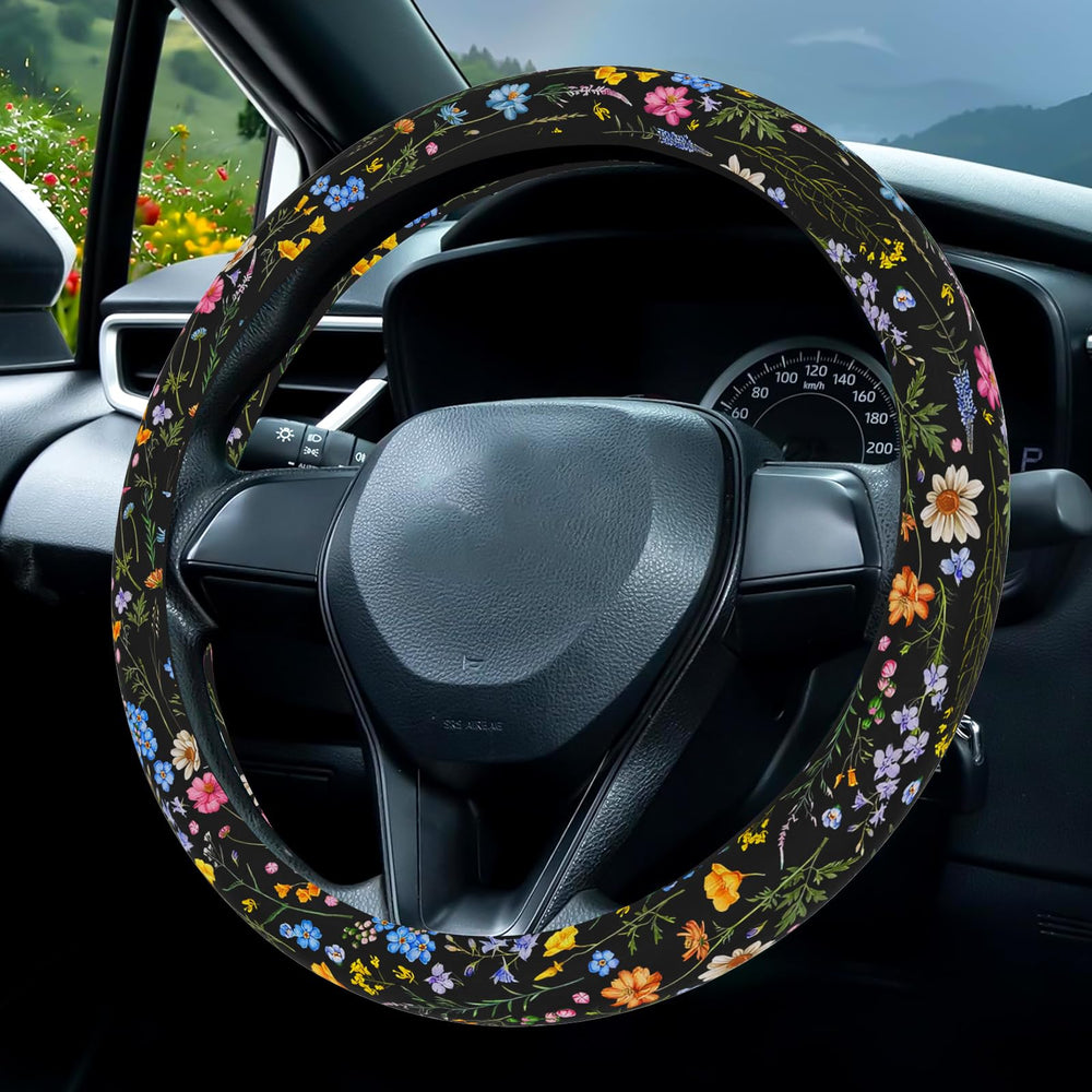 HABZTOUYI Wildflower steering wheel cover with floral print for a comfortable grip.
