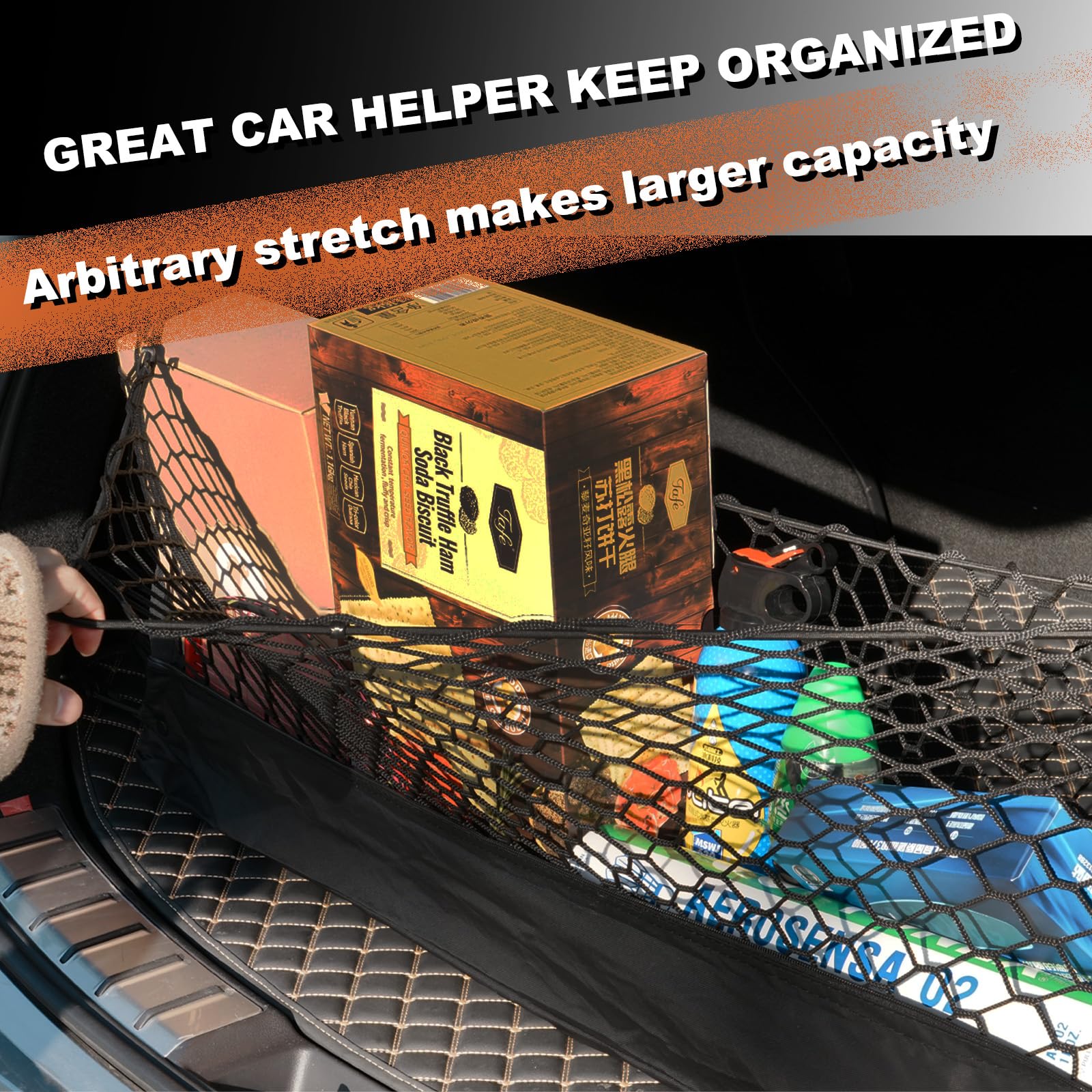 Hacyikee cargo net installed in the trunk to secure gear during travel.