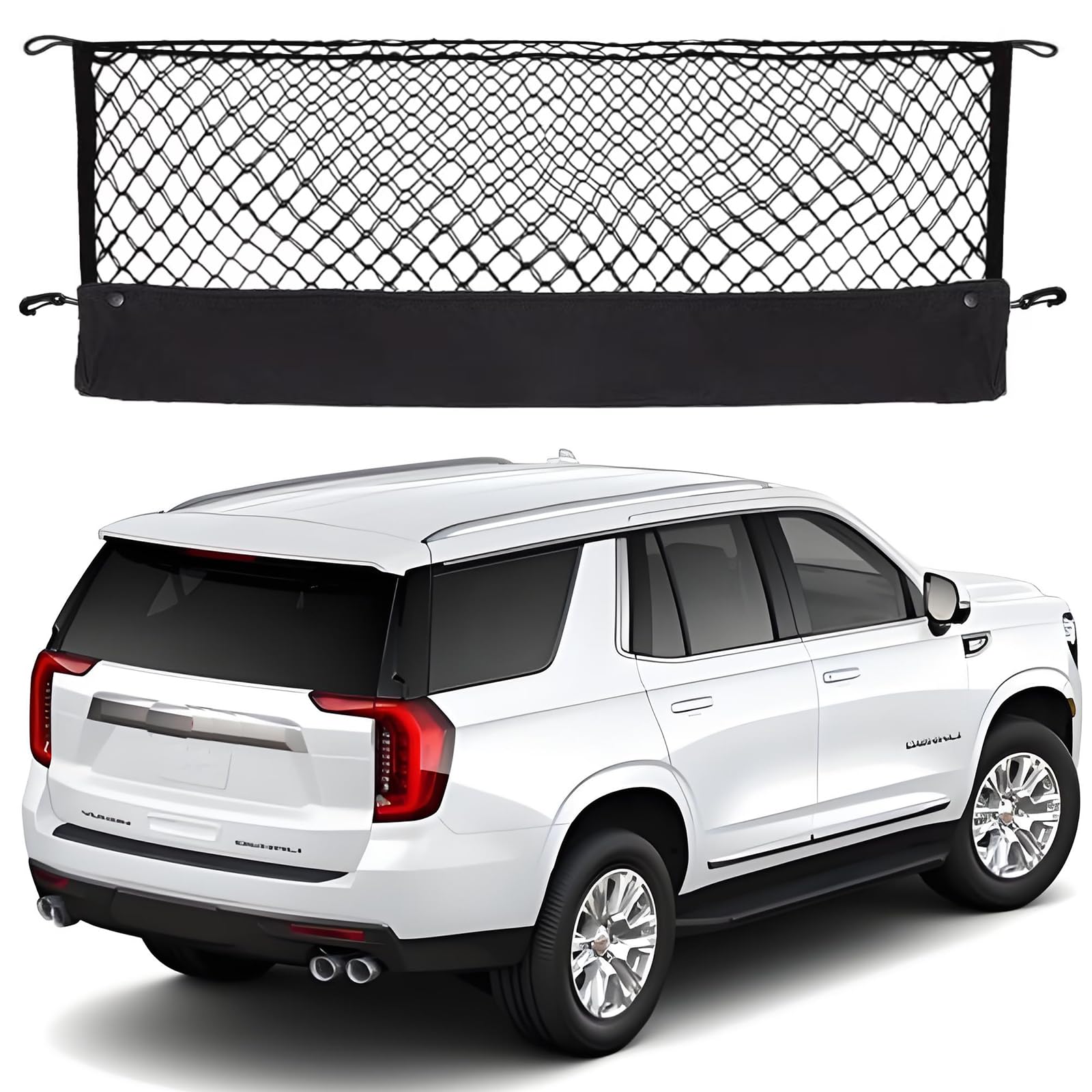 Hacyikee envelope-style cargo net installed in Chevy Tahoe trunk for organized cargo