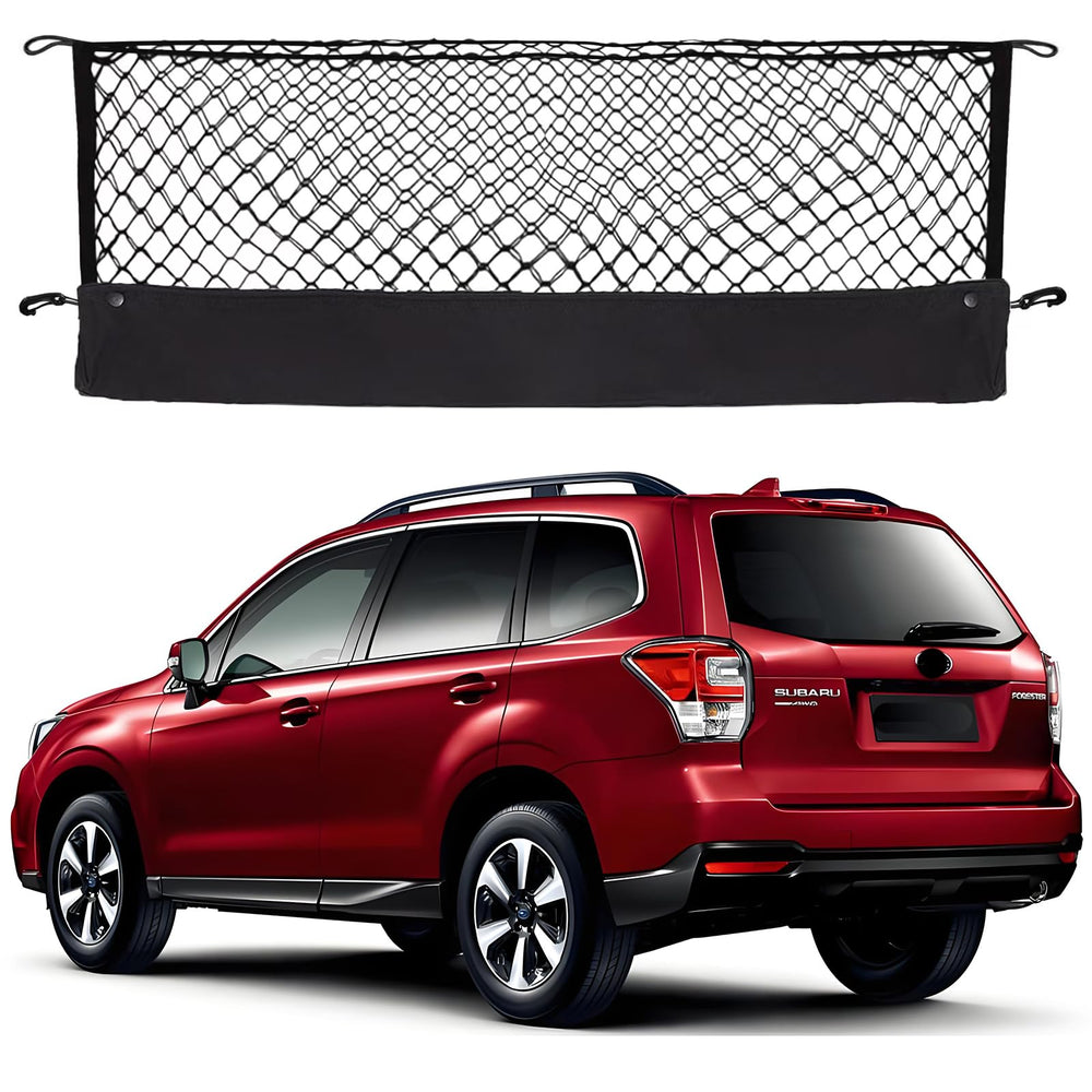 Hacyikee envelope-style cargo net installed in Forester trunk, secure fit for groceries and gear
