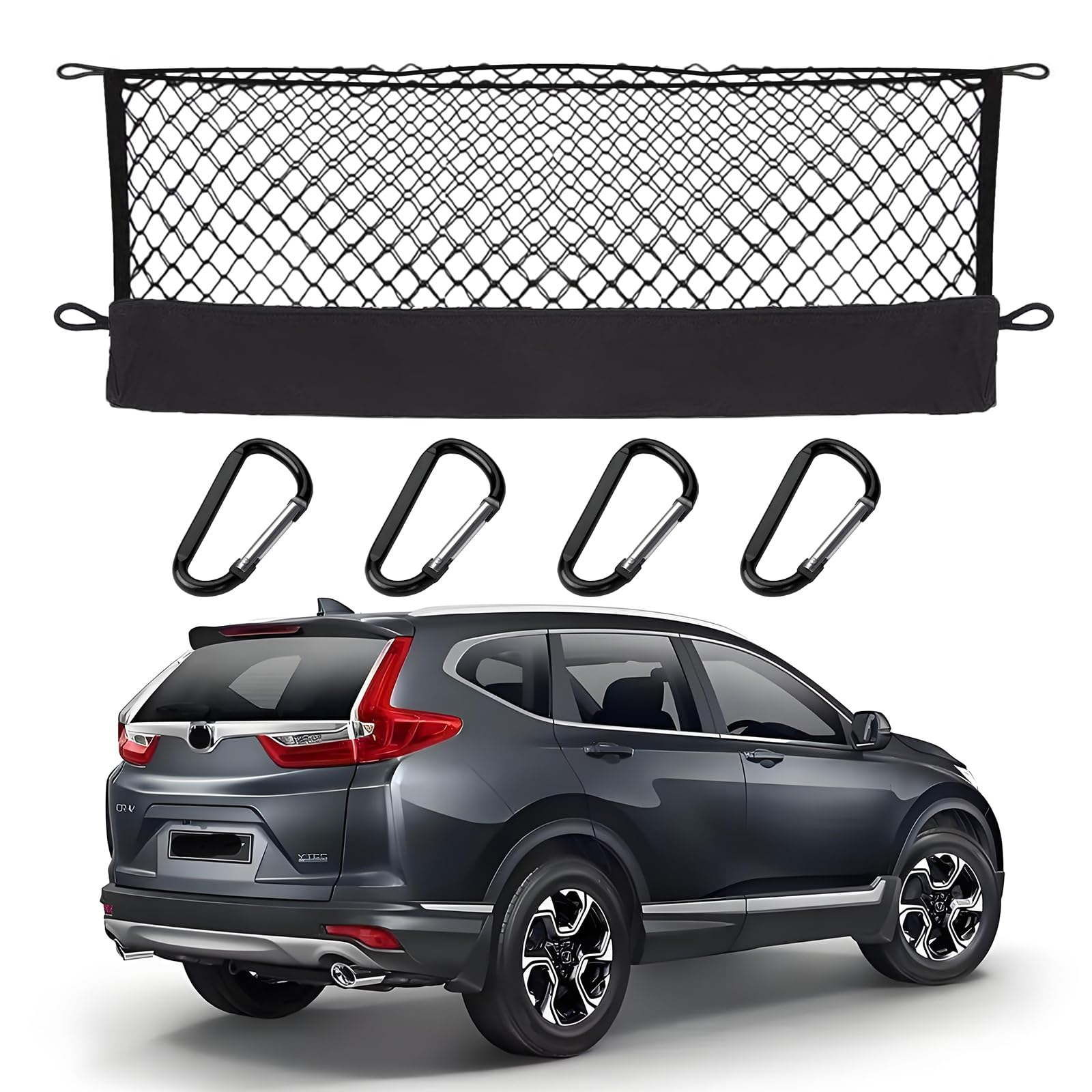 Hacyikee envelope-style cargo net keeps Honda CR-V trunk organized on trips.