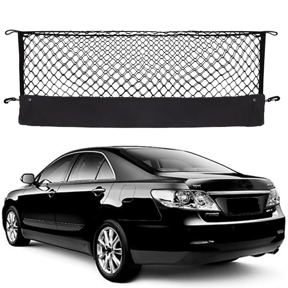 Hacyikee envelope style cargo net installed in Toyota Camry trunk for organized storage