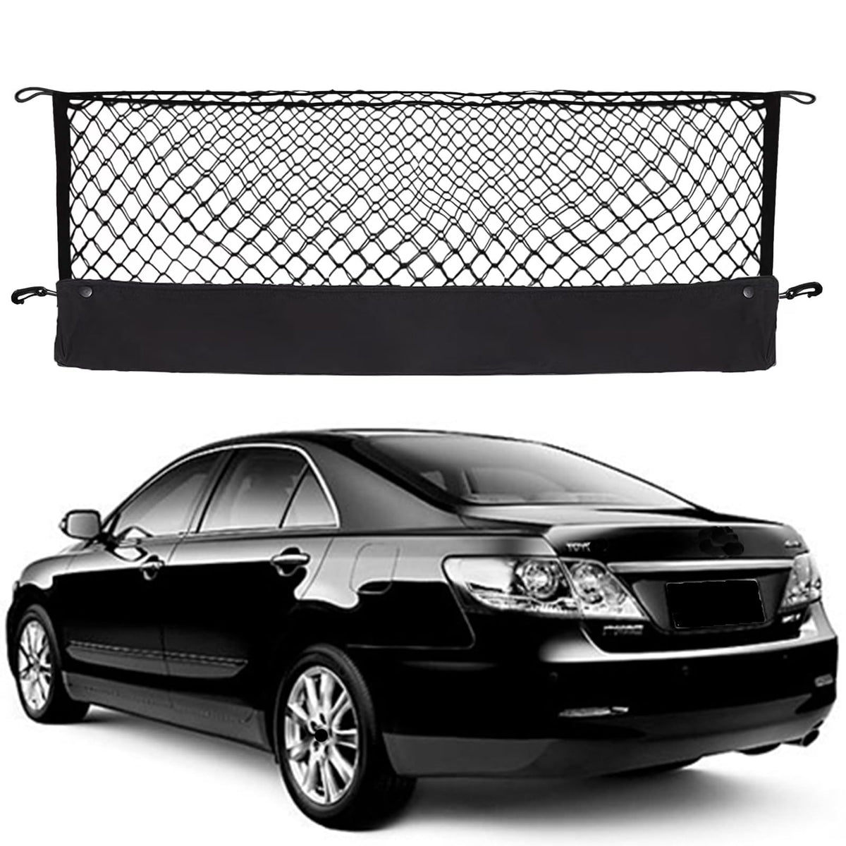 Hacyikee envelope style cargo net installed in Toyota Camry trunk for organized storage
