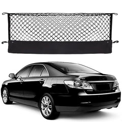 Hacyikee envelope style cargo net installed in Toyota Camry trunk for organized storage