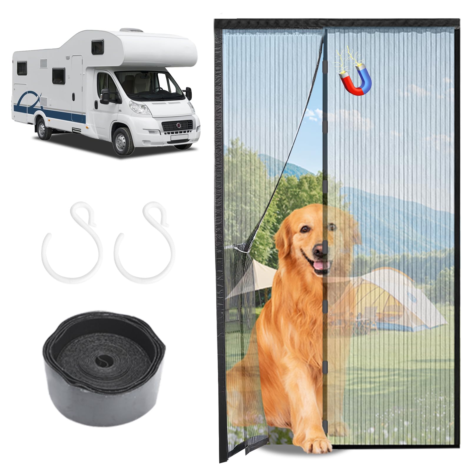 HAEZU magnetic-closure RV screen door for hands-free entry and bug protection.