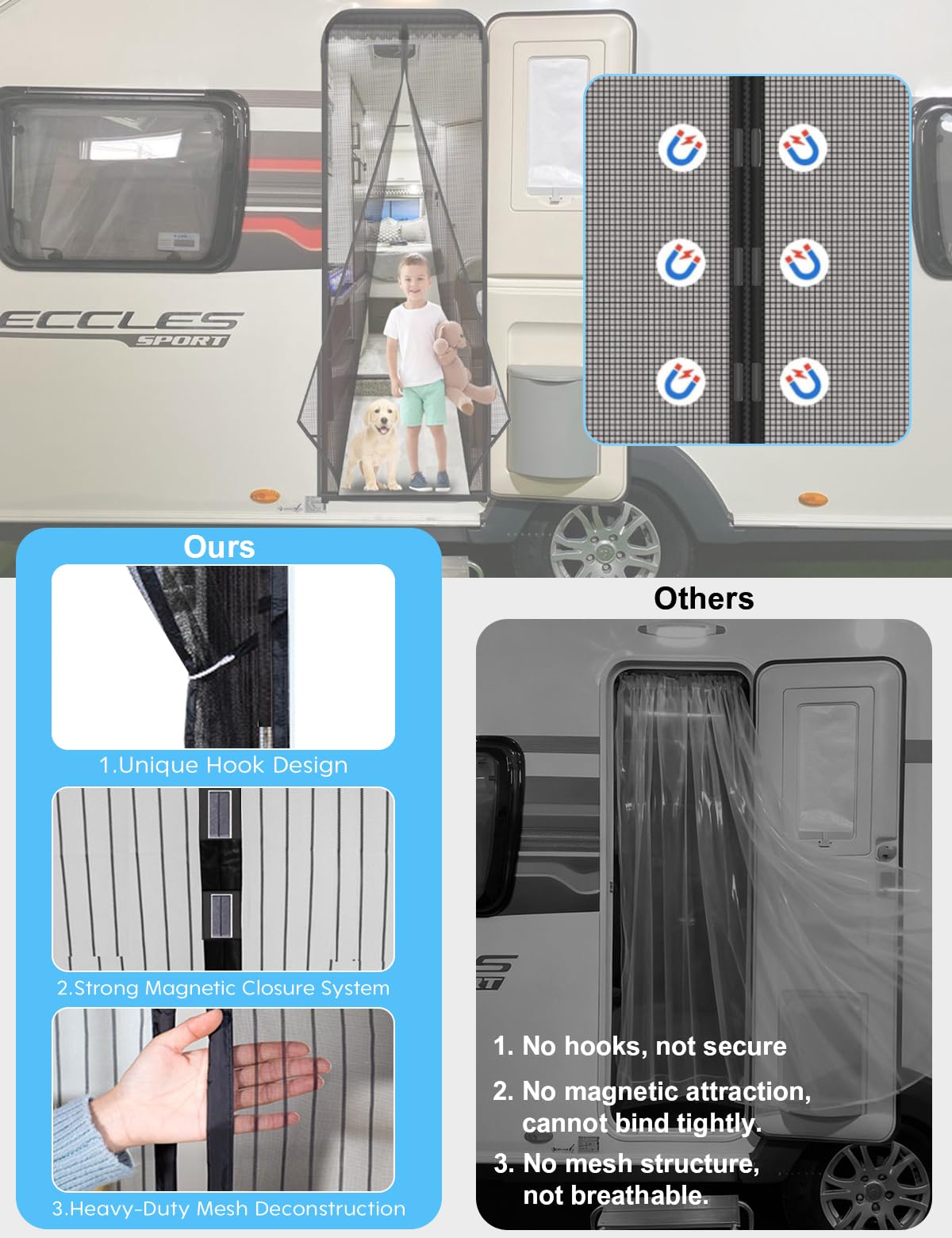 HAEZU universal-fit screen works with most RV doors and campers.