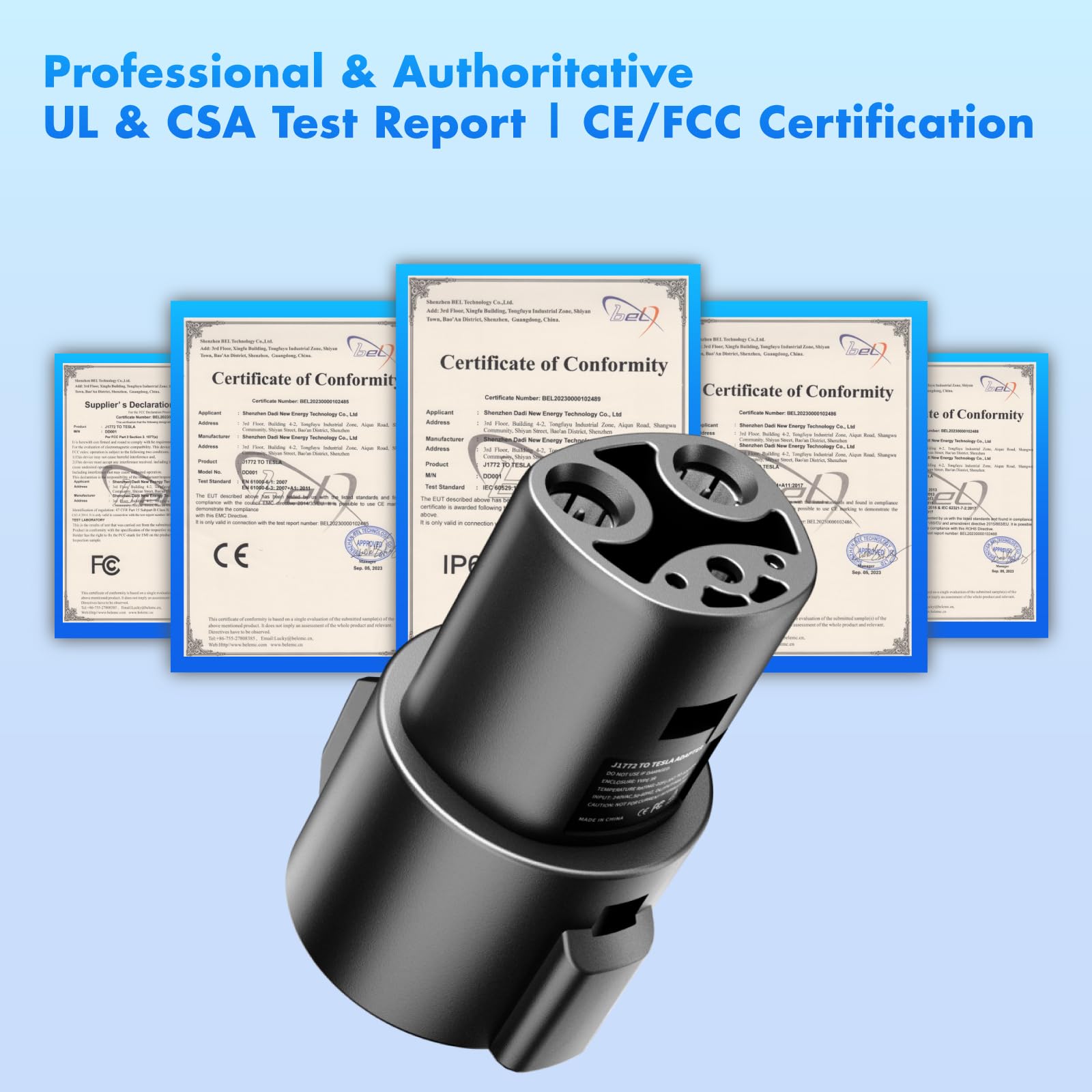Hagibis safety certifications label on the adapter for UL and CSA testing