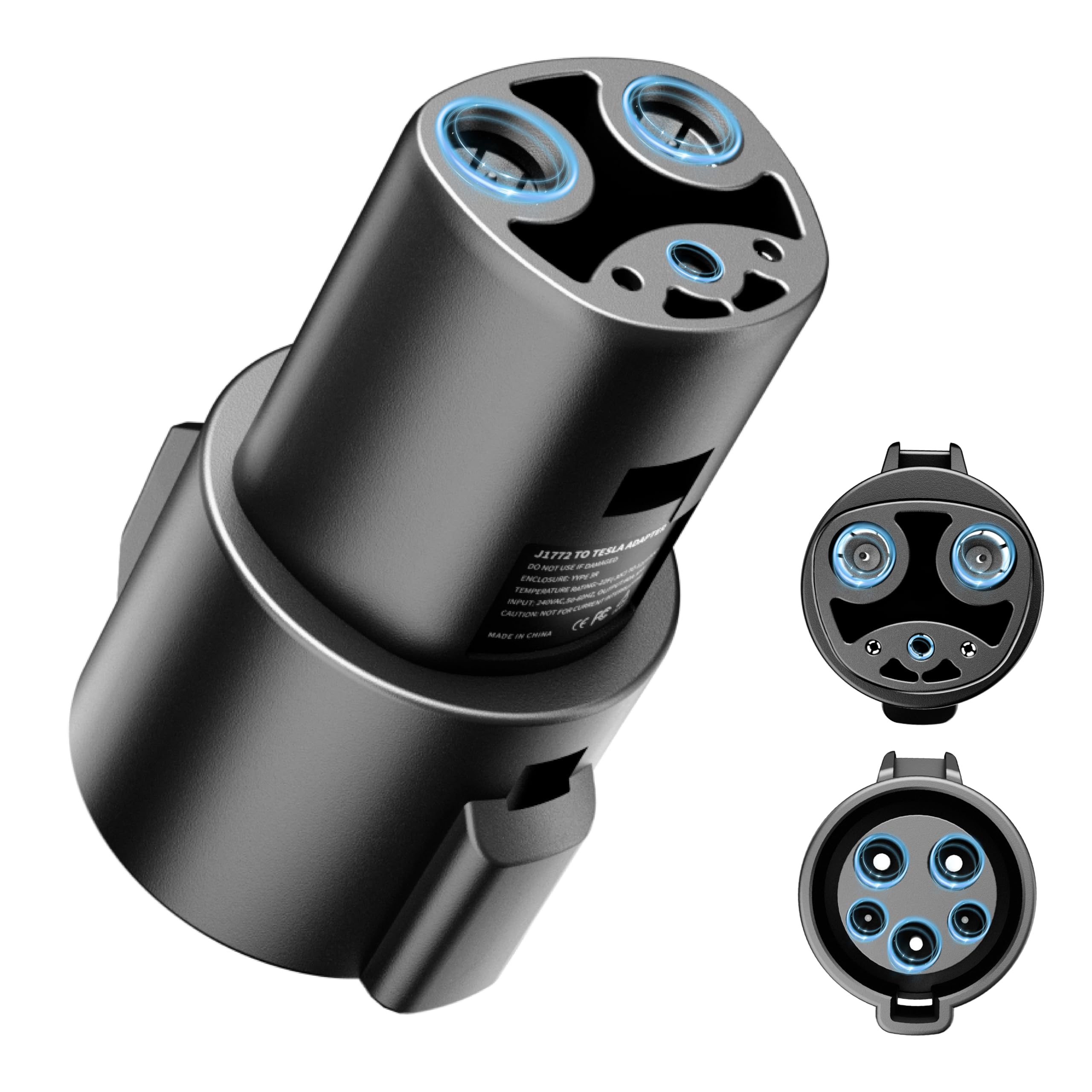 Hagibis J1772 to Tesla adapter front view showing rugged design for road charging