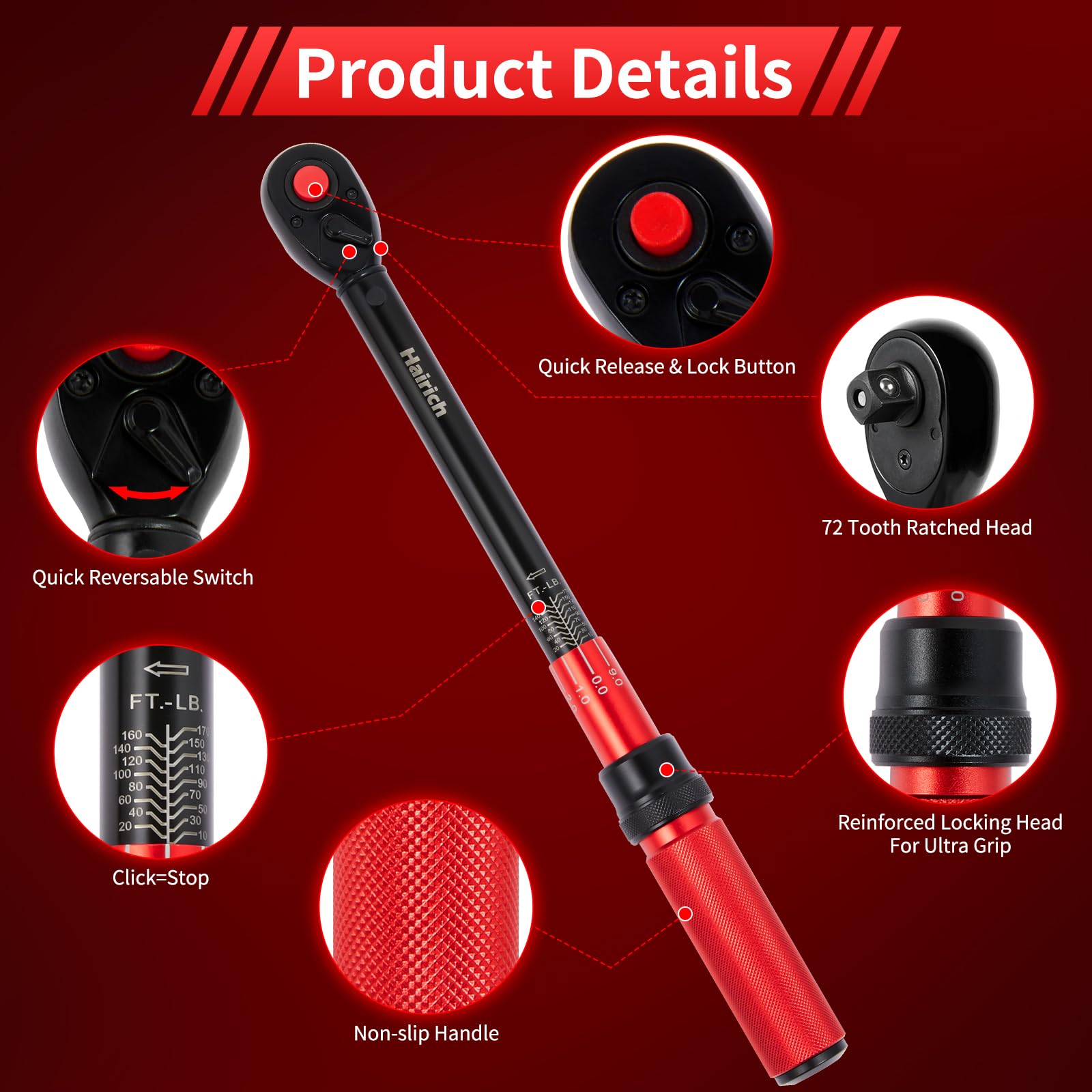 Hairich close-up of 72-tooth ratchet head and quick-release for precise socket changes