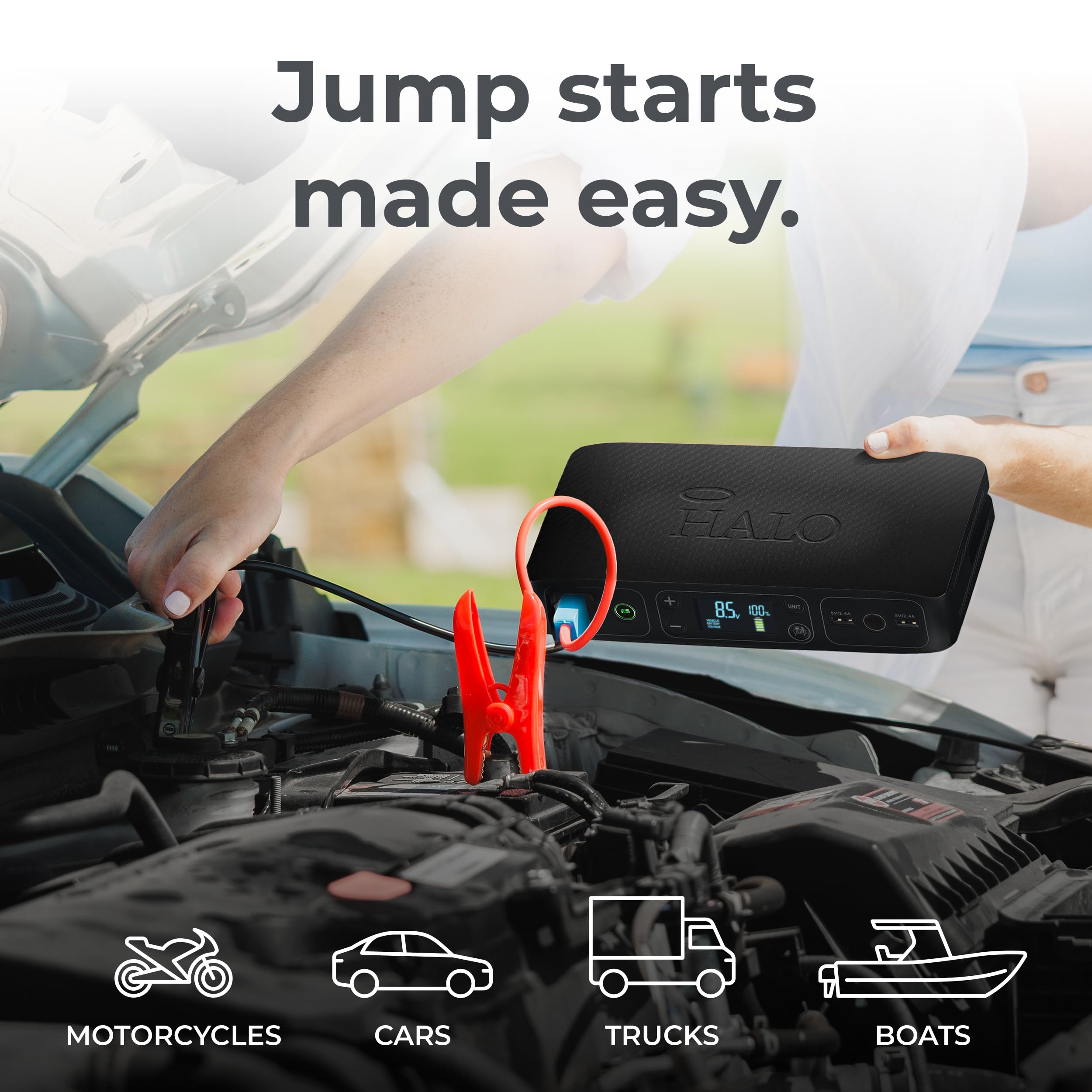 HALO Bolt Air jump starter with cables included for quick car starts.