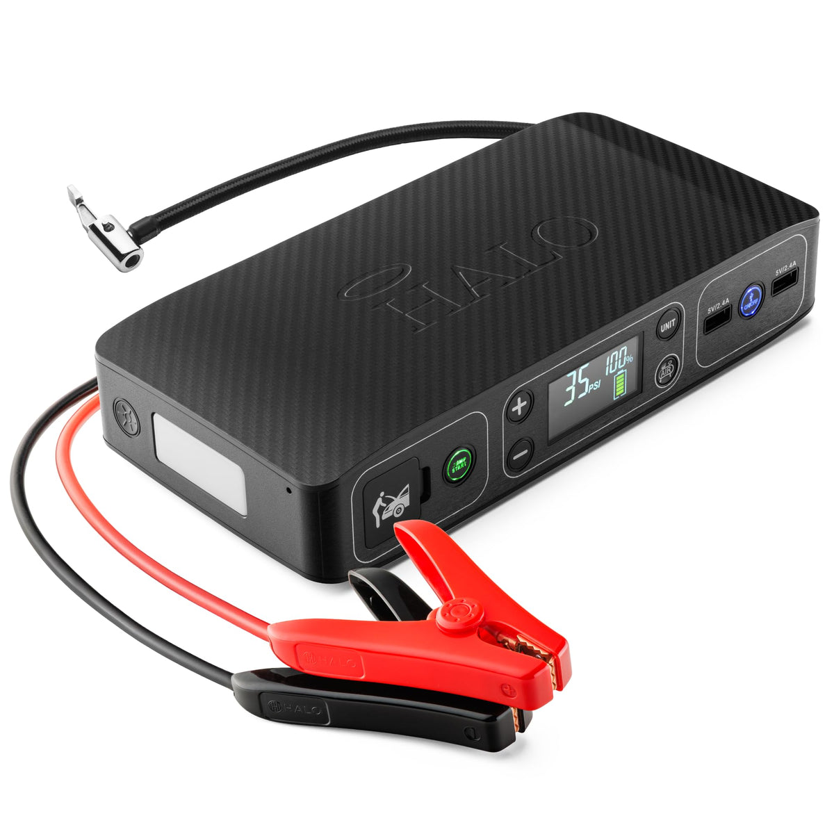 HALO Bolt Air jump starter front view for roadside emergencies.