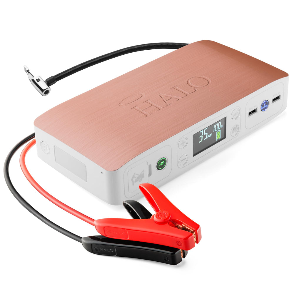 HALO Bolt Air jump starter powering a car boost with digital readout