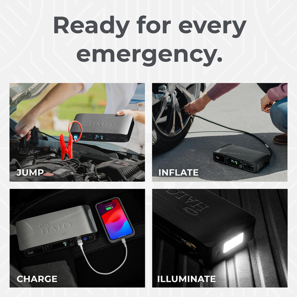 HALO Bolt Air LED floodlight lights dim roads for tire checks.